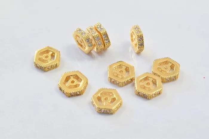 10mm Roundel 18k Gold Filled Look, EP Micro Pave Beads with Clear CZ Cubic Zirconia