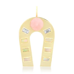 14K Yellow Gold Pink Opal, Opal and Diamond Baguette Horseshoe Charm