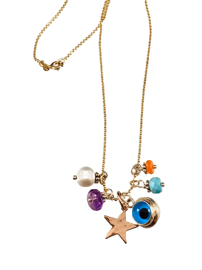 16” Yellow Gold Evil Eye Star and Gemstone Charm Necklace