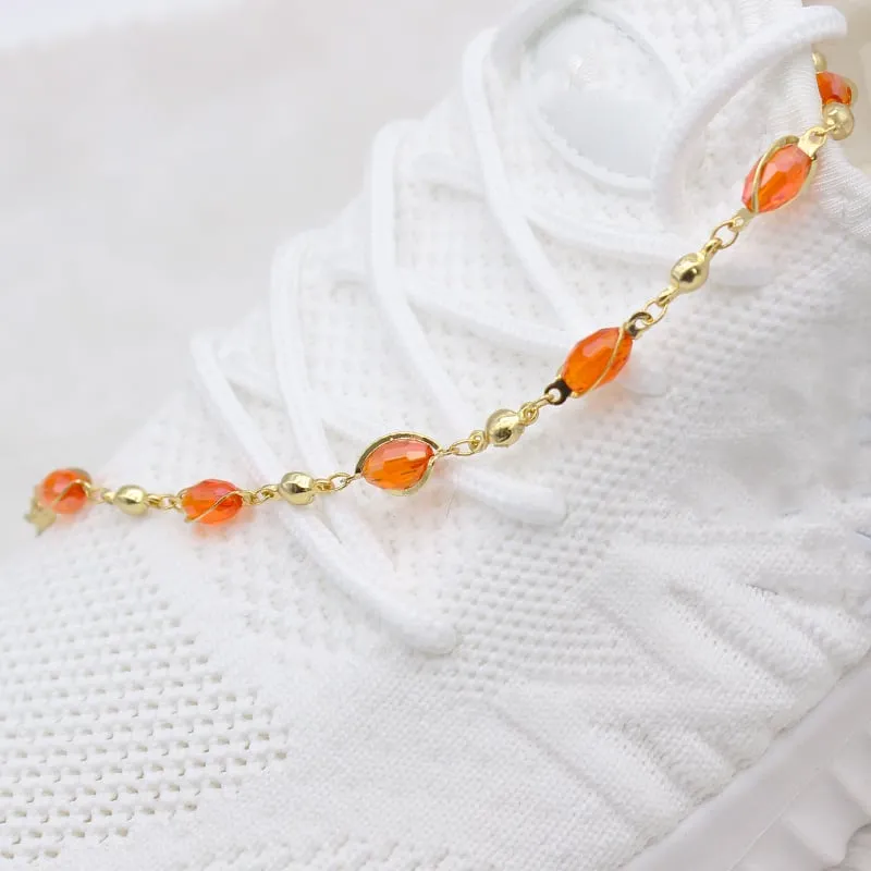 18K GOLD Filled High Polish Finsh OVAL CRYSTAL ANKLE BRACELET JJA0