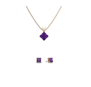 18K Rose Gold 3ct Amethyst Square 18 Inch Necklace and Earrings Set Plated