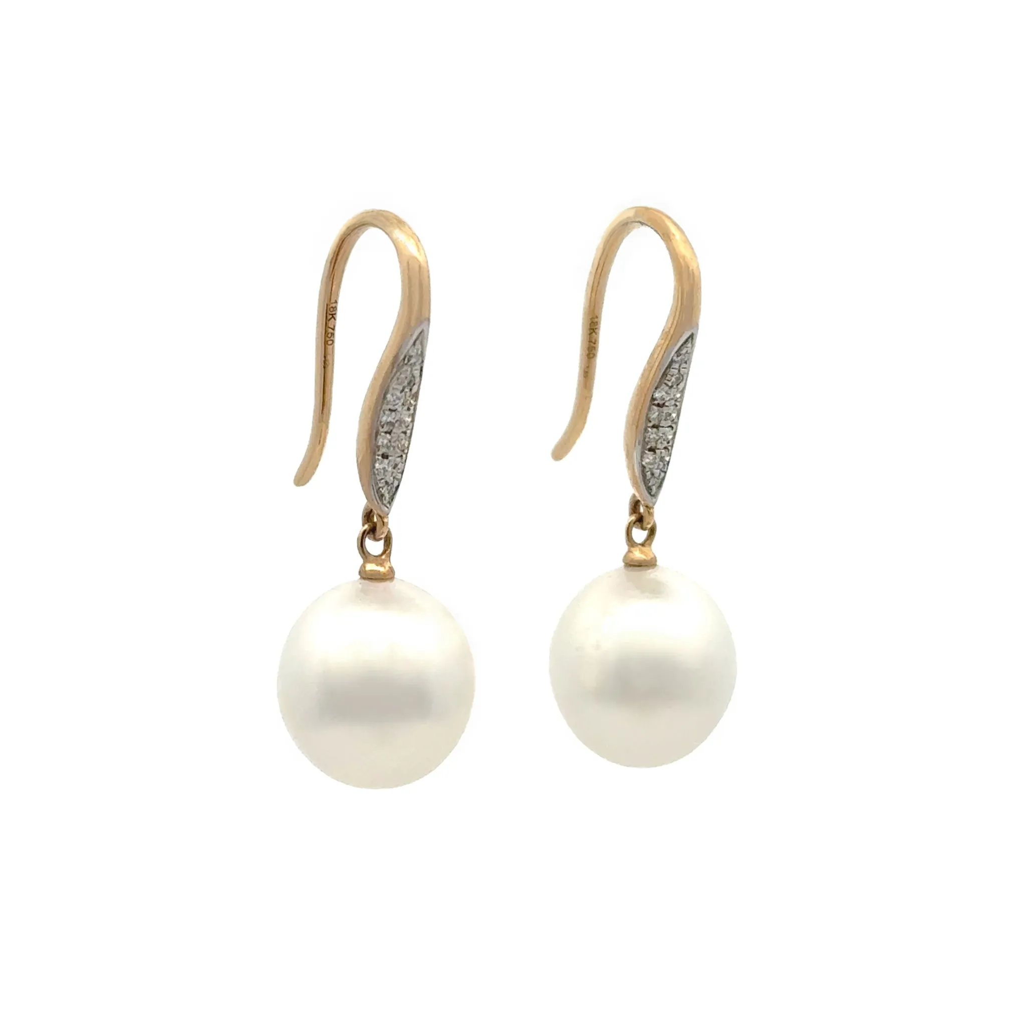 18K Yellow Gold Australian South Sea 10-11mm Cultured Pearl and Diamond Hook Earrings