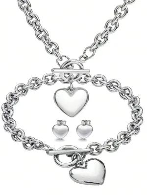 1Pc Women'S Ot Clasp Heart Design Pendant Necklace Bracelet And Heart Stud