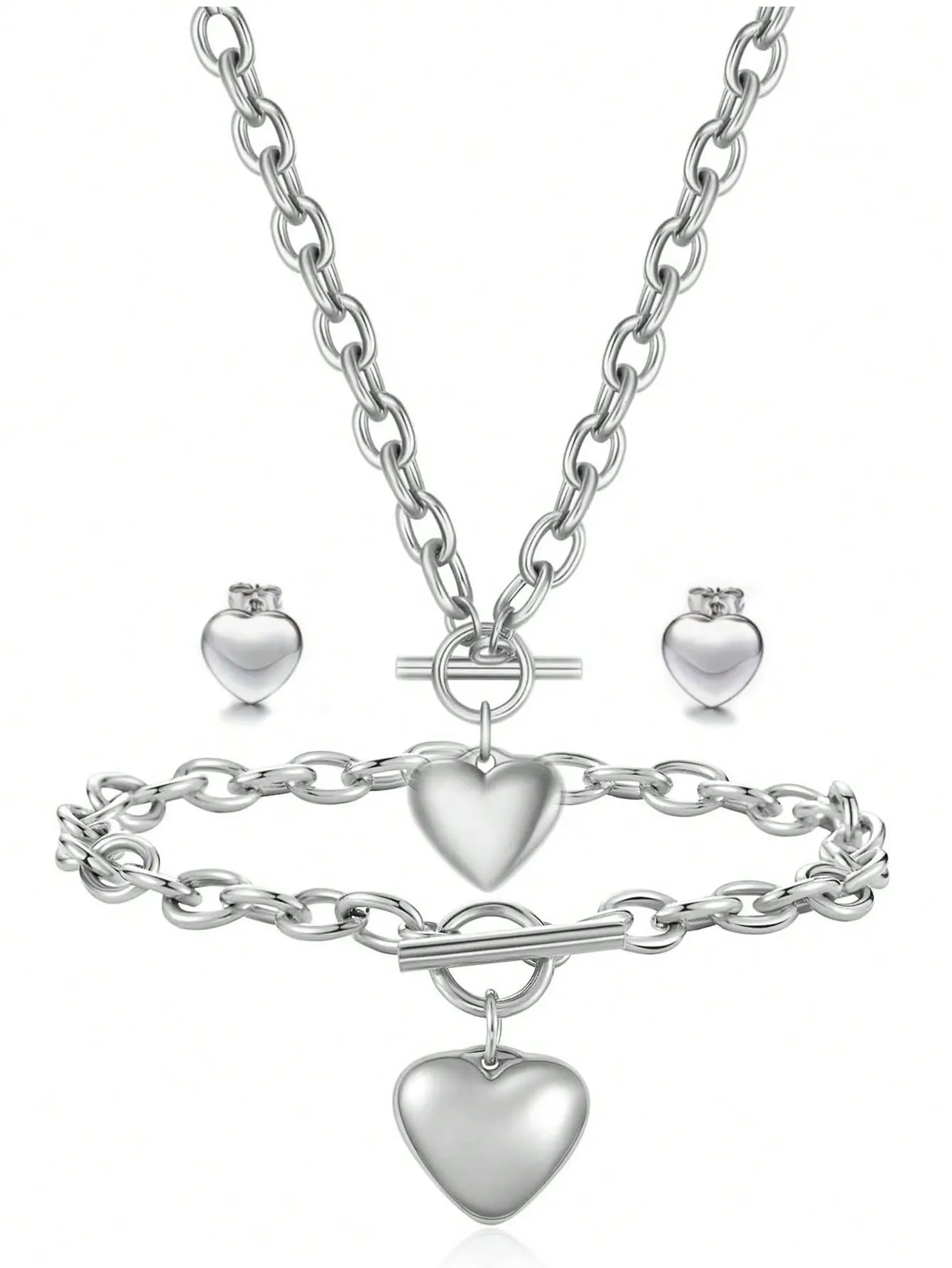 1Pc Women'S Ot Clasp Heart Design Pendant Necklace Bracelet And Heart Stud