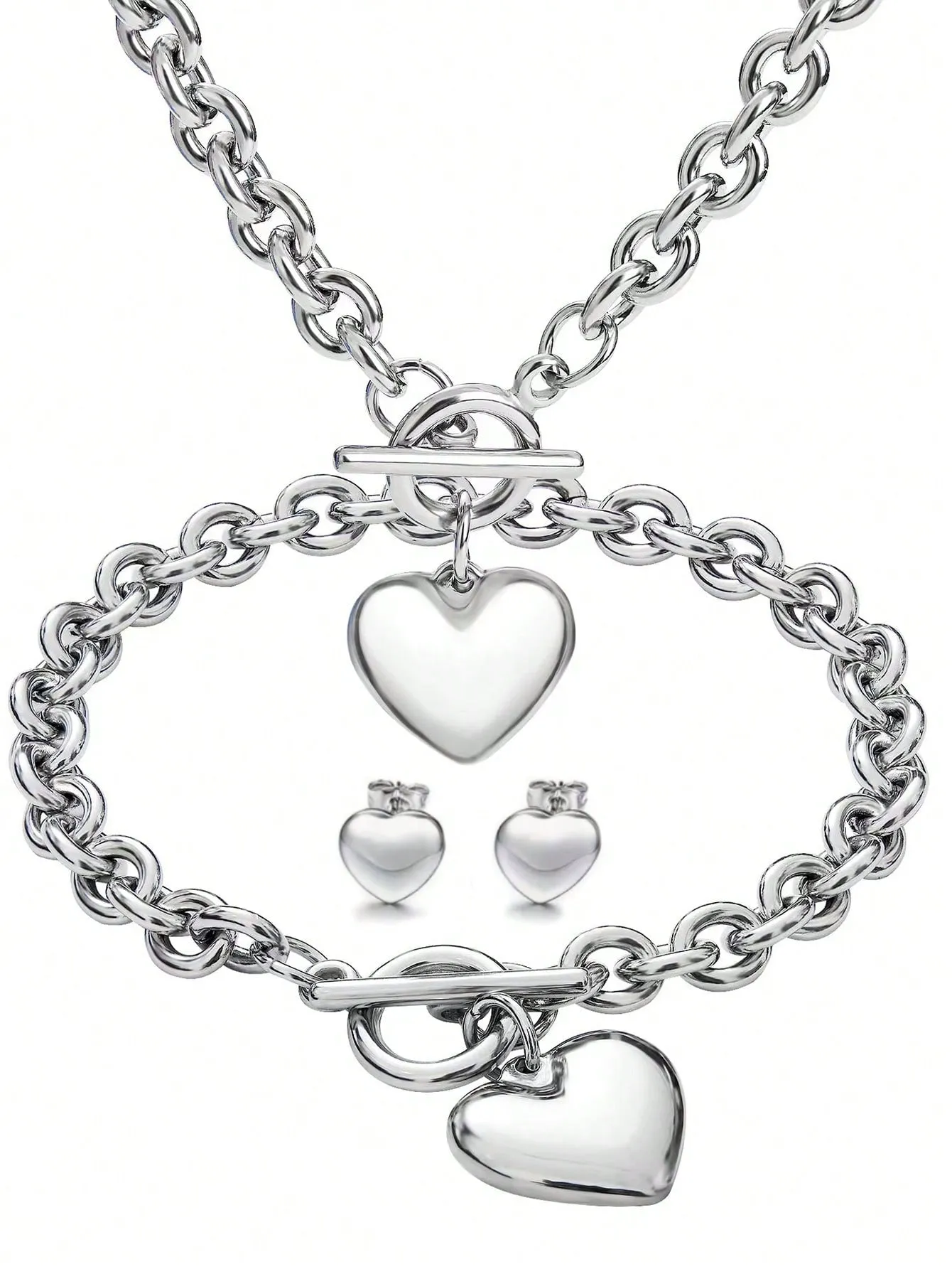 1Pc Women'S Ot Clasp Heart Design Pendant Necklace Bracelet And Heart Stud