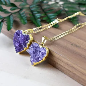 24k Gold Plated Amethyst Druzy Heart Necklace
