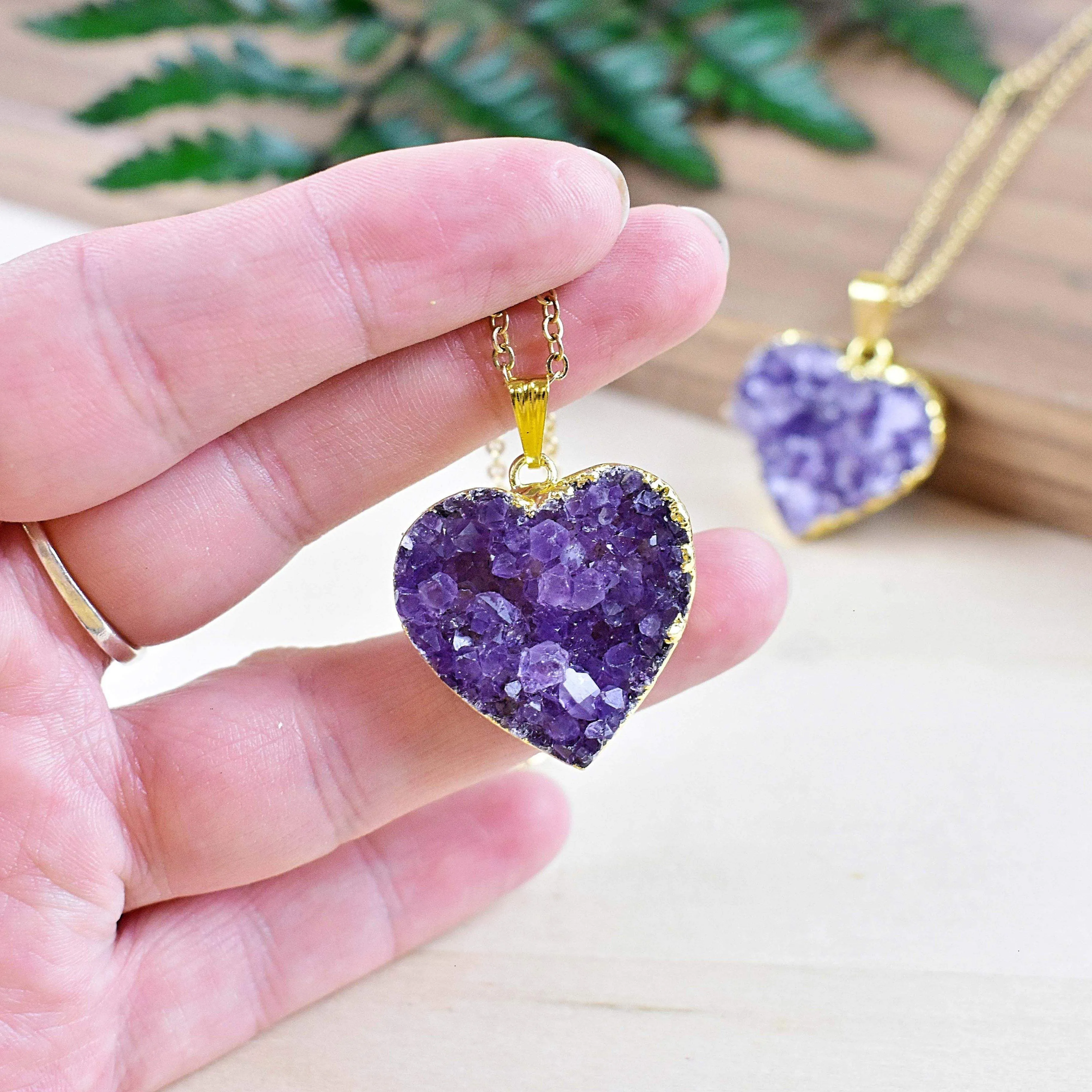 24k Gold Plated Amethyst Druzy Heart Necklace