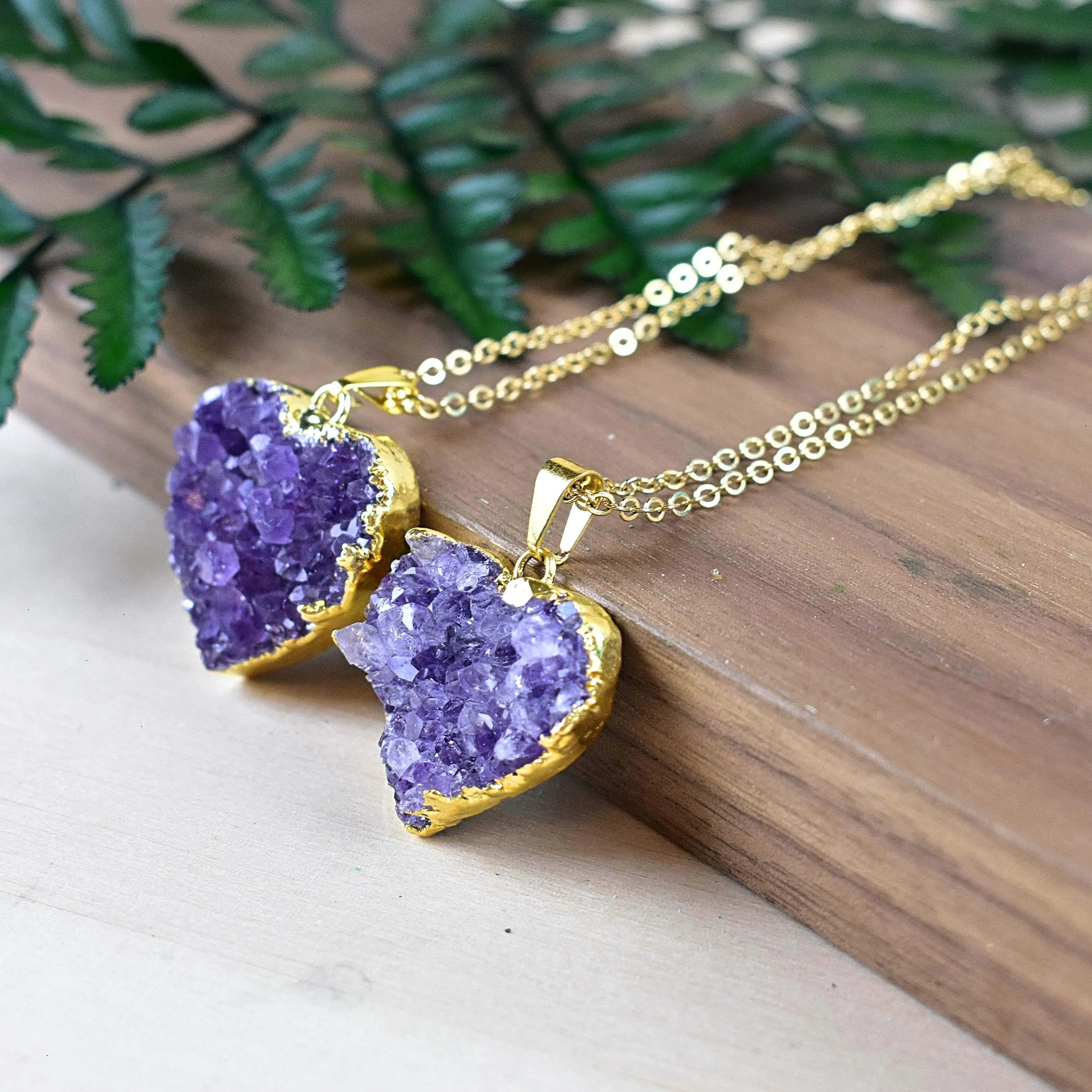 24k Gold Plated Amethyst Druzy Heart Necklace