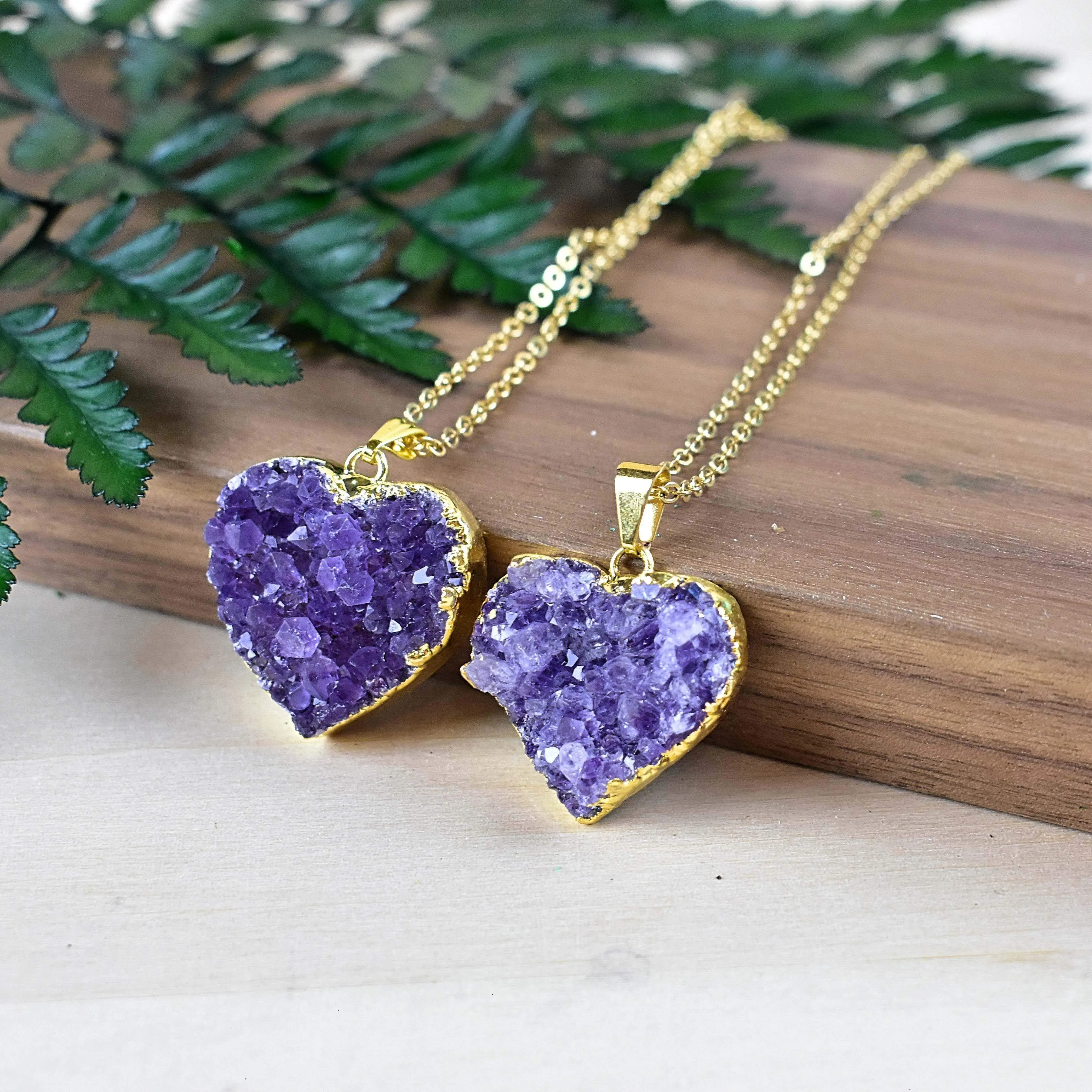 24k Gold Plated Amethyst Druzy Heart Necklace