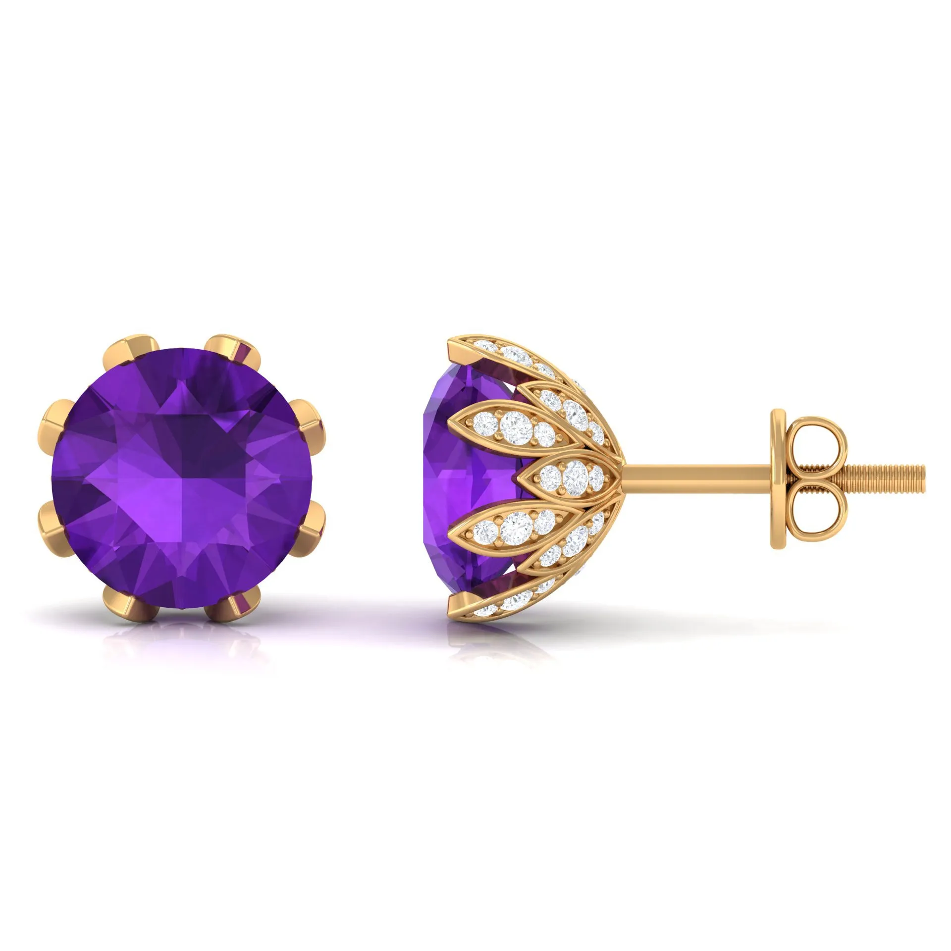 3 CT Real Amethyst Solitaire Bridal Stud Earrings with Diamond