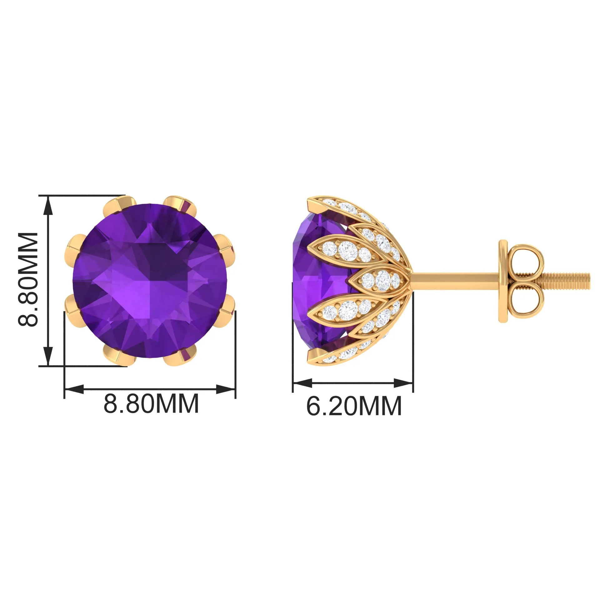 3 CT Real Amethyst Solitaire Bridal Stud Earrings with Diamond