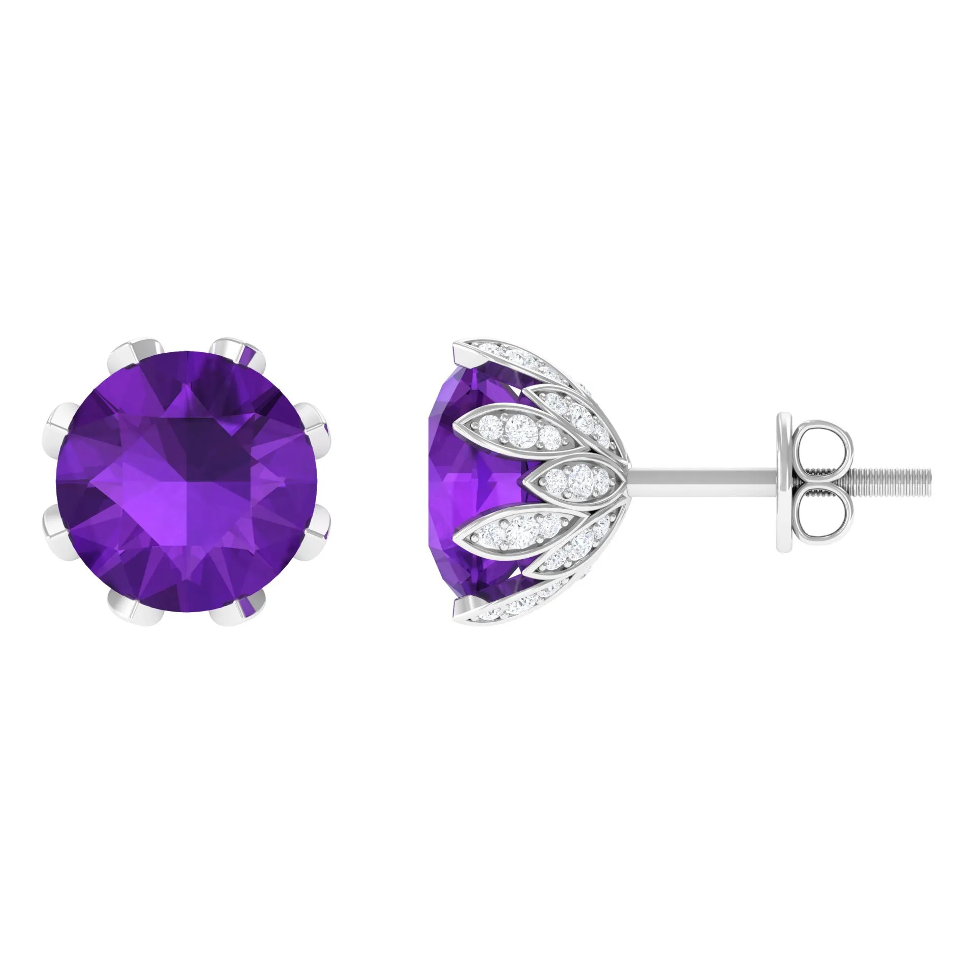 3 CT Real Amethyst Solitaire Bridal Stud Earrings with Diamond