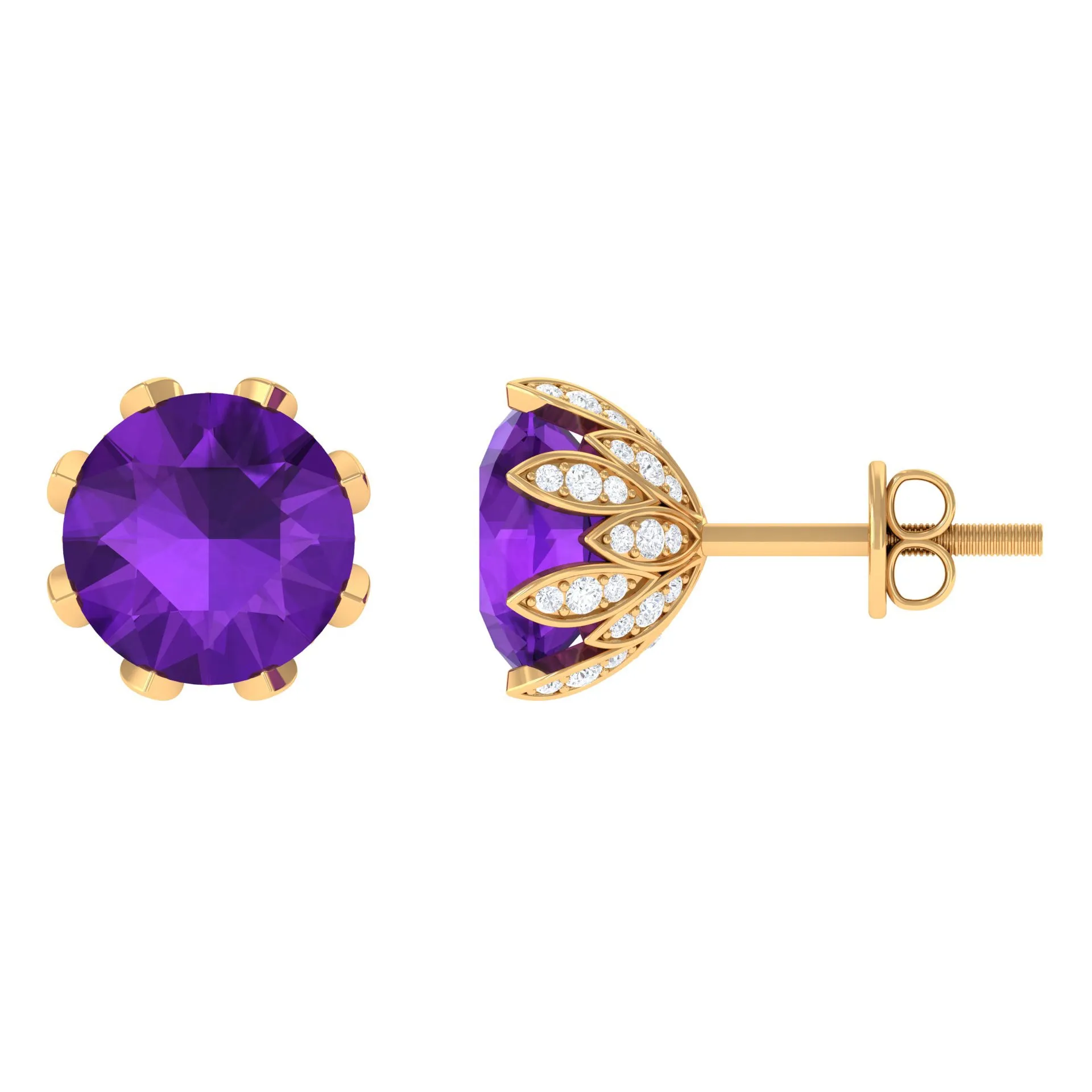 3 CT Real Amethyst Solitaire Bridal Stud Earrings with Diamond