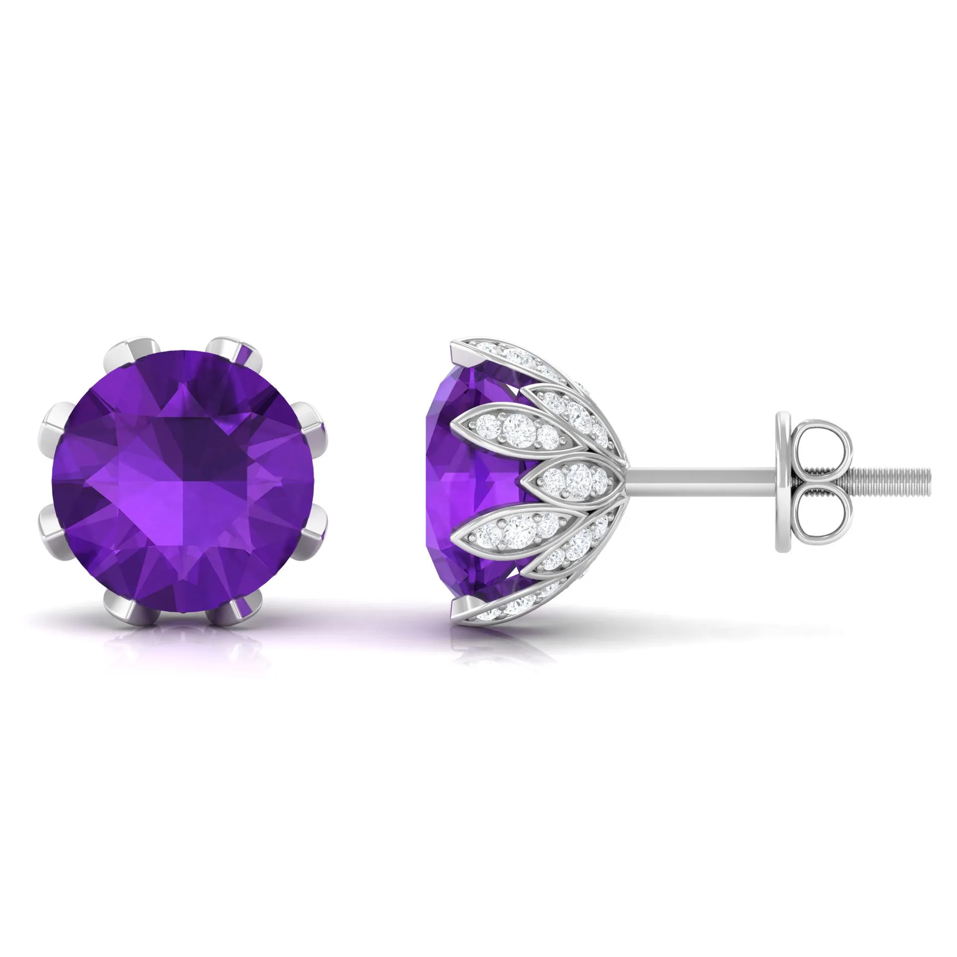 3 CT Real Amethyst Solitaire Bridal Stud Earrings with Diamond