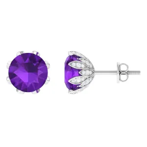3 CT Real Amethyst Solitaire Bridal Stud Earrings with Diamond