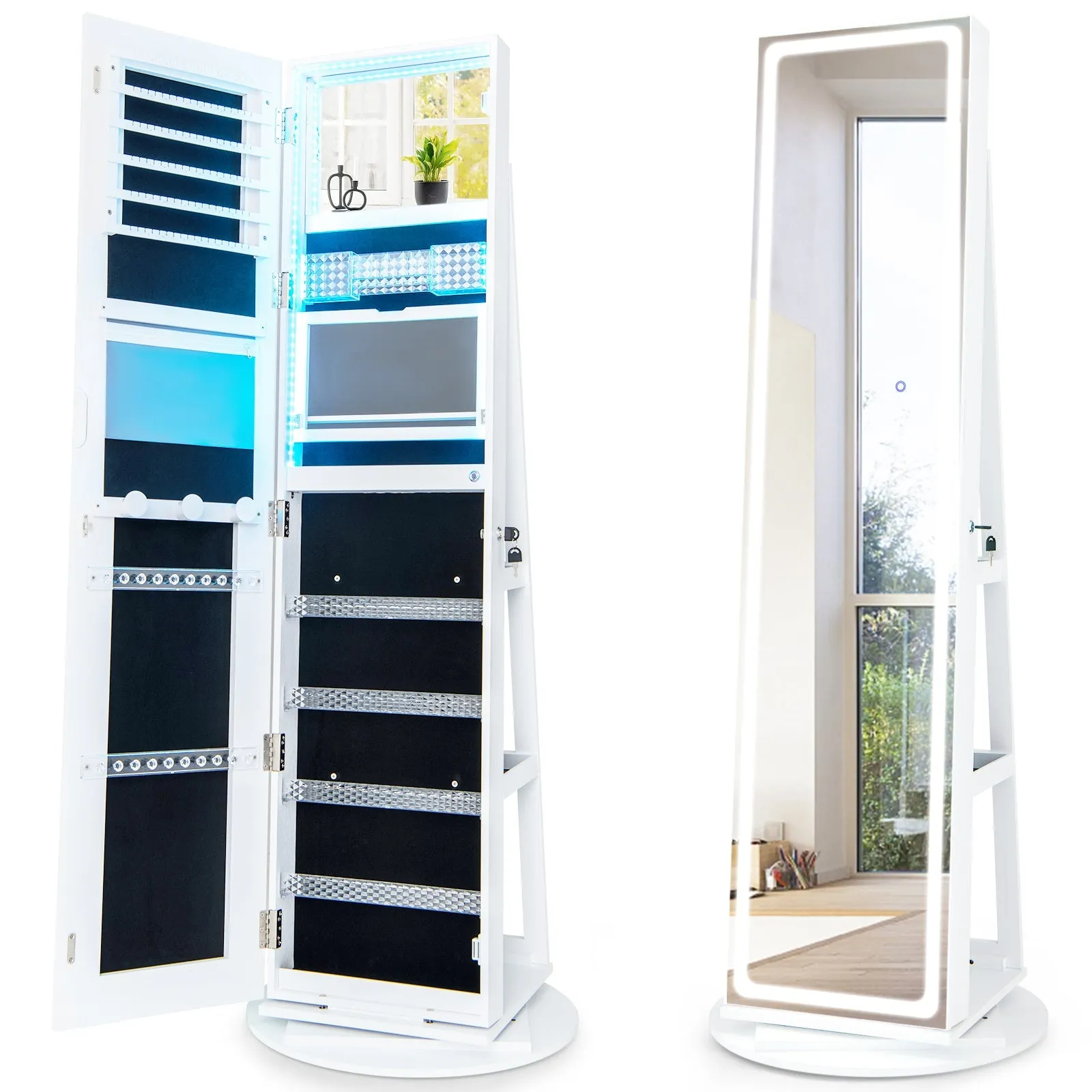 360° Swivel Jewelry Cabinet with LED Lights,  Foldable Shelf-White