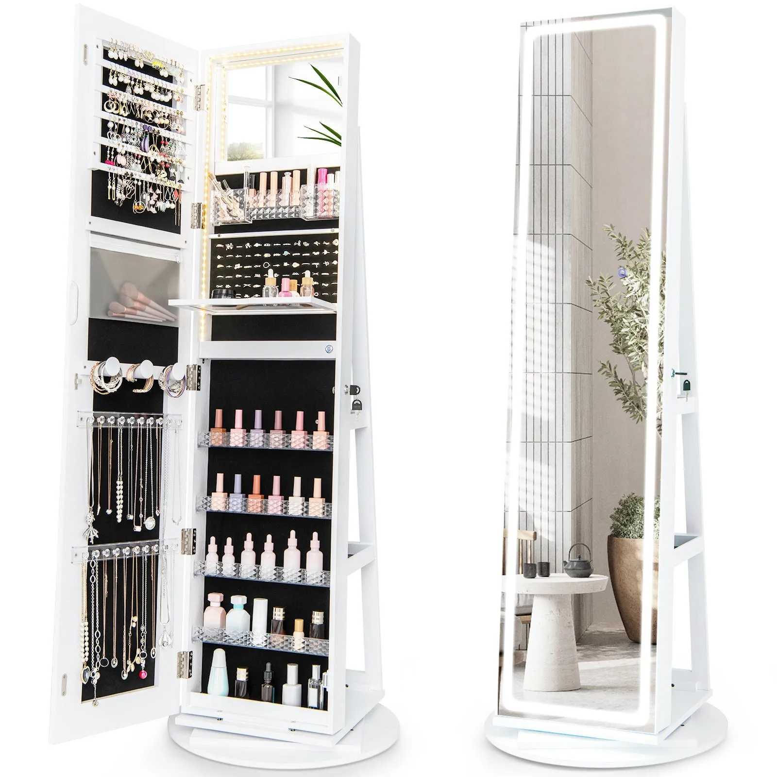 360° Swivel Jewelry Cabinet with LED Lights,  Foldable Shelf-White
