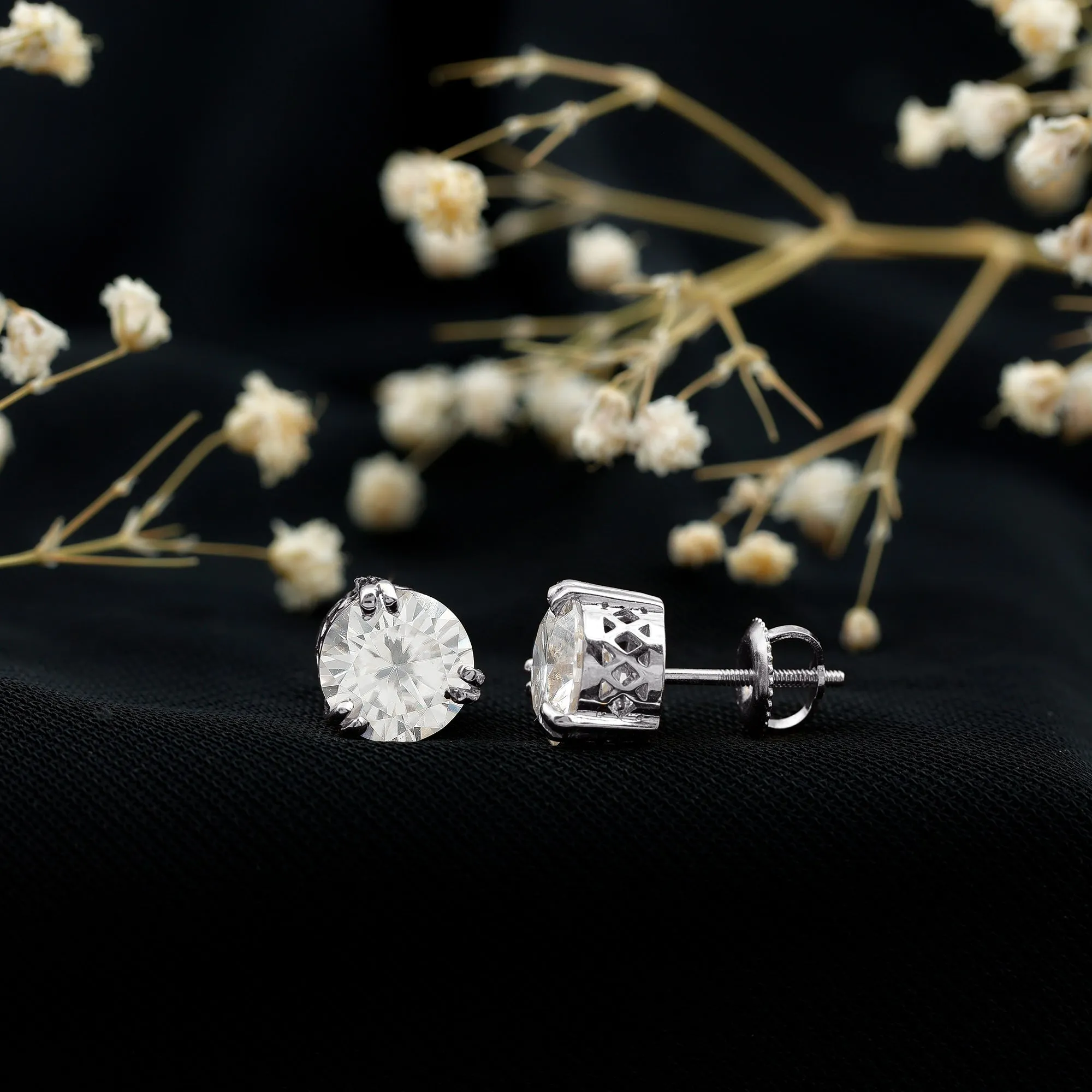 4 CT Round Shape Moissanite Solitaire Stud Earrings in 3 Double Claw Prong Setting