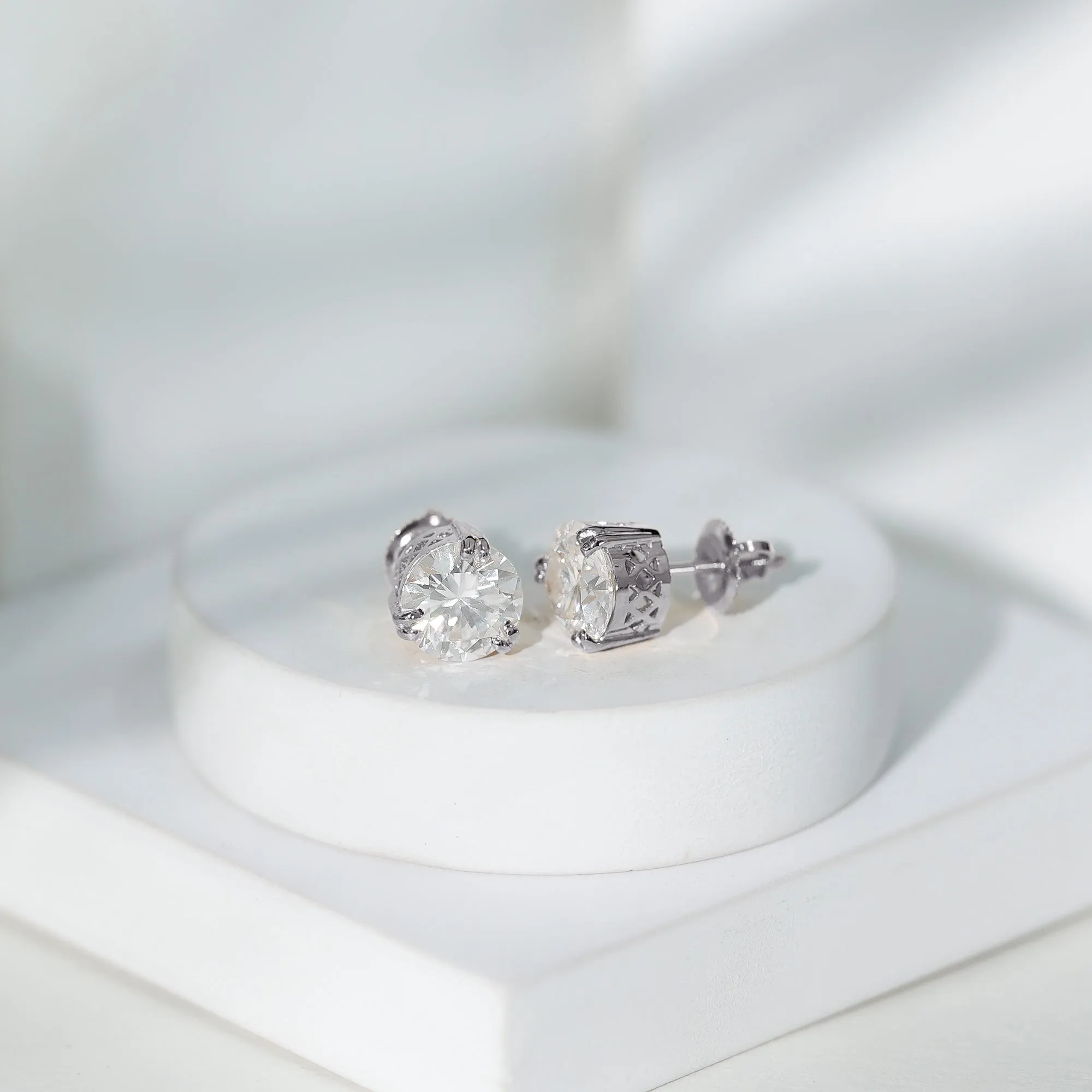 4 CT Round Shape Moissanite Solitaire Stud Earrings in 3 Double Claw Prong Setting