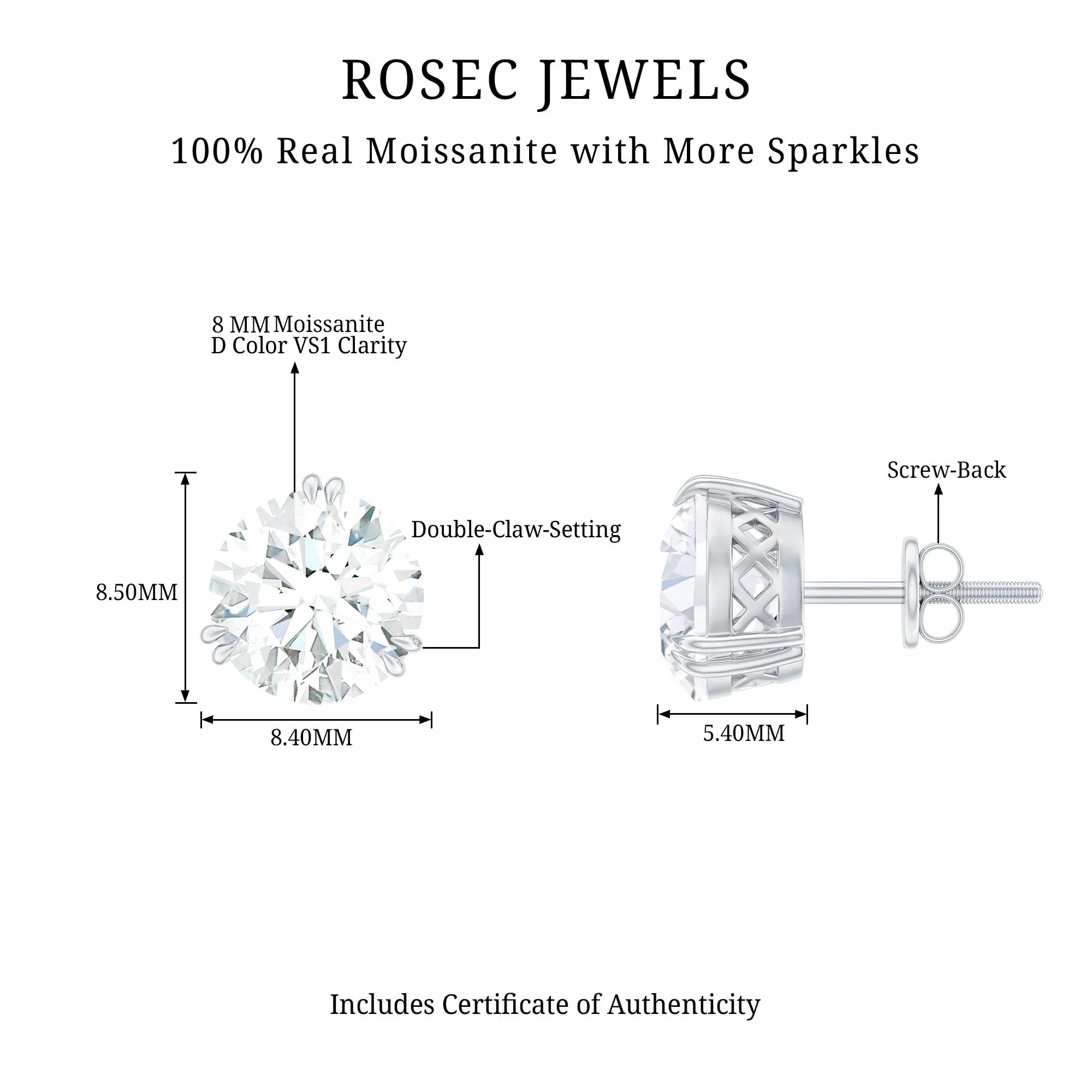 4 CT Round Shape Moissanite Solitaire Stud Earrings in 3 Double Claw Prong Setting