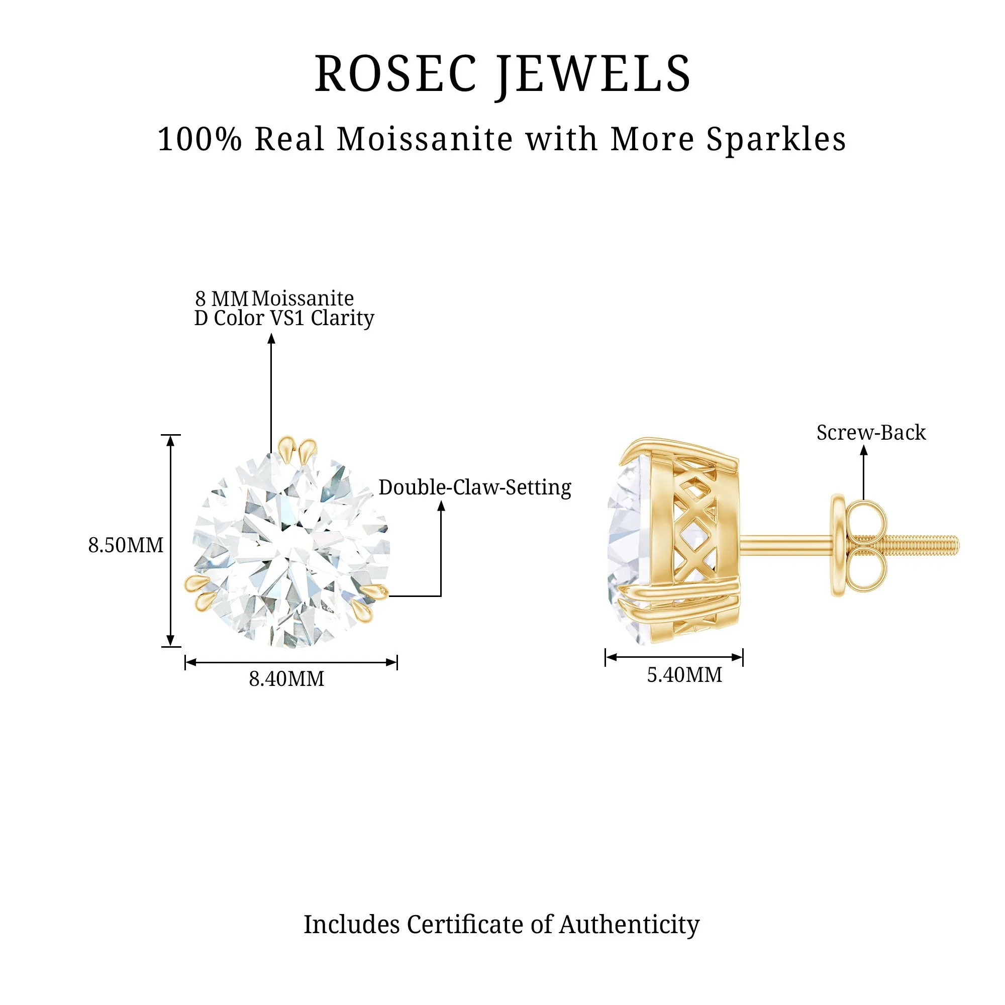 4 CT Round Shape Moissanite Solitaire Stud Earrings in 3 Double Claw Prong Setting