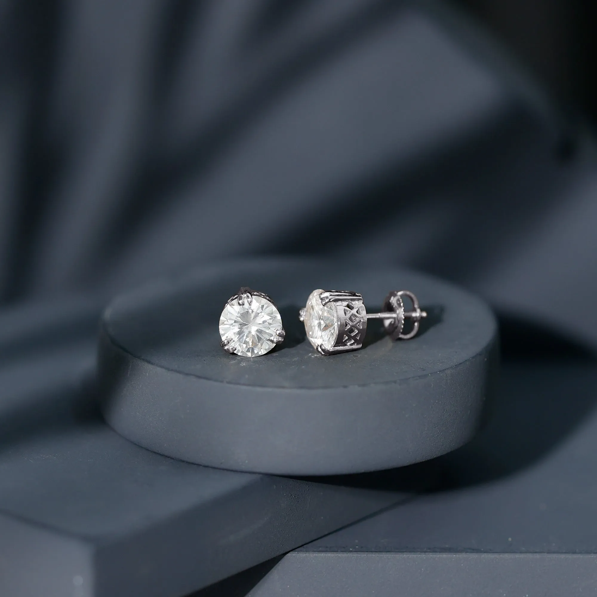 4 CT Round Shape Moissanite Solitaire Stud Earrings in 3 Double Claw Prong Setting