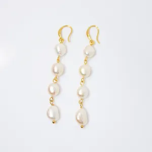 4 Freshwater Cultured pearl Bezel Hook Earrings, Long Bridal Jewelry, Gold Pearl Bridal Earrings, Statement Earrings.