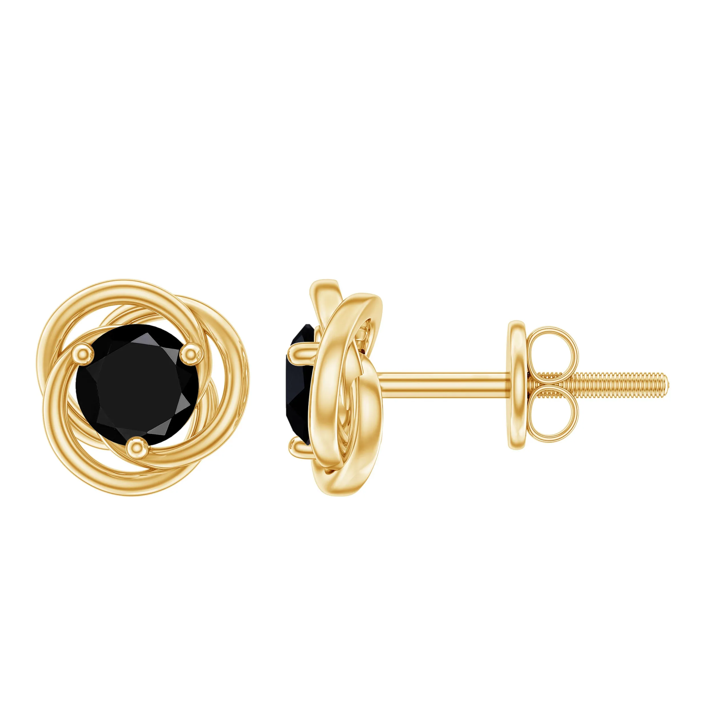 5 MM Black Diamond Solitaire and Gold Swirl Stud Earrings