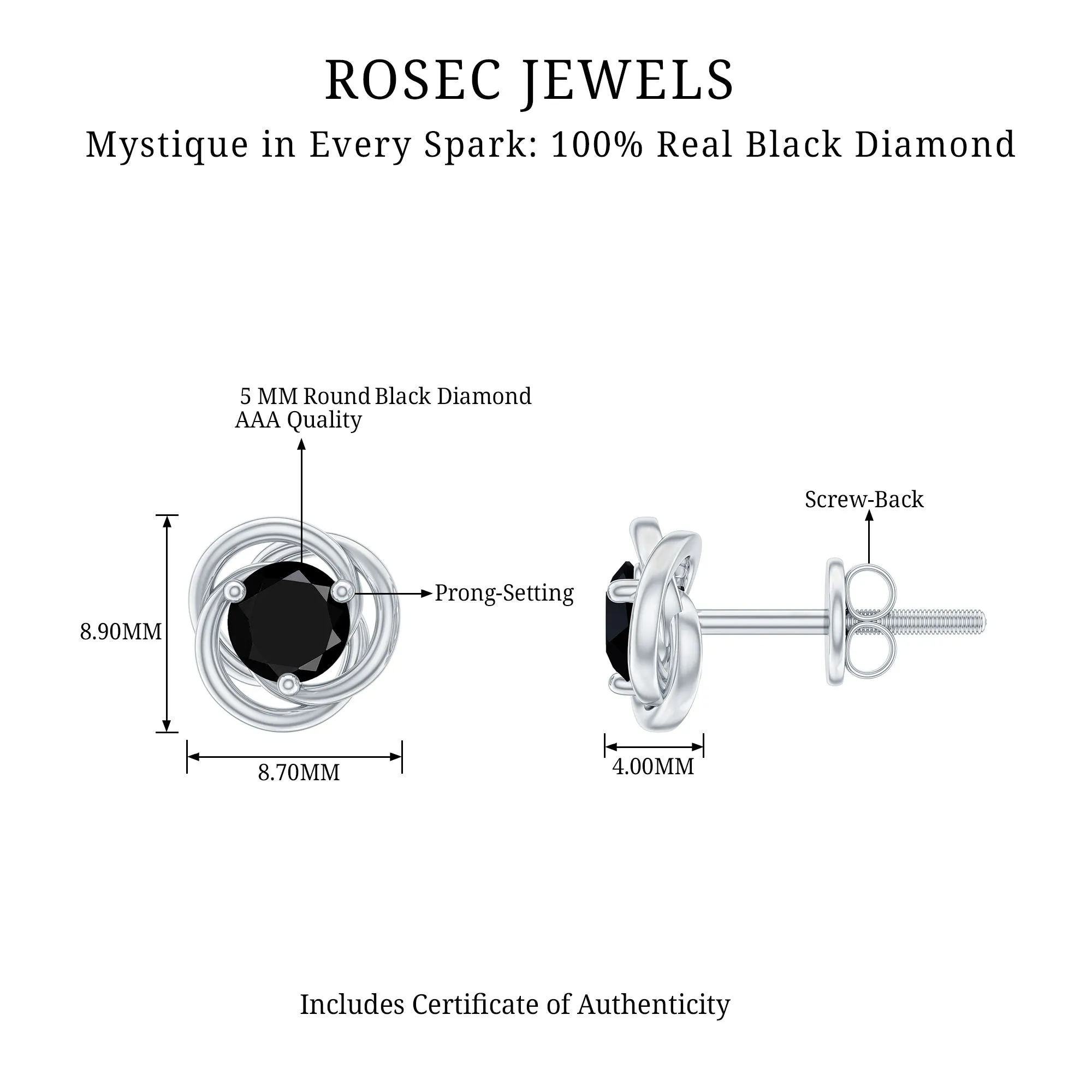 5 MM Black Diamond Solitaire and Gold Swirl Stud Earrings