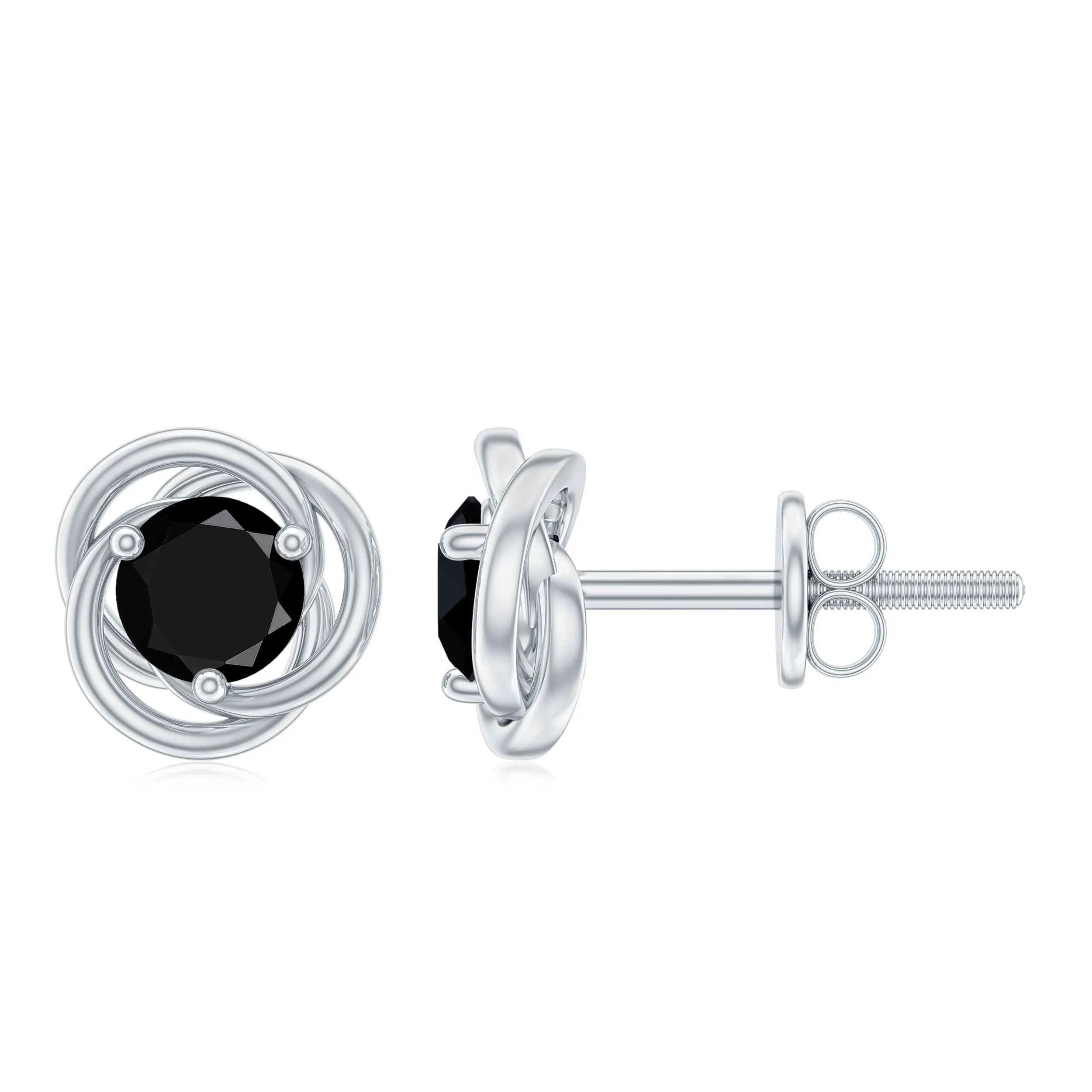 5 MM Black Diamond Solitaire and Gold Swirl Stud Earrings