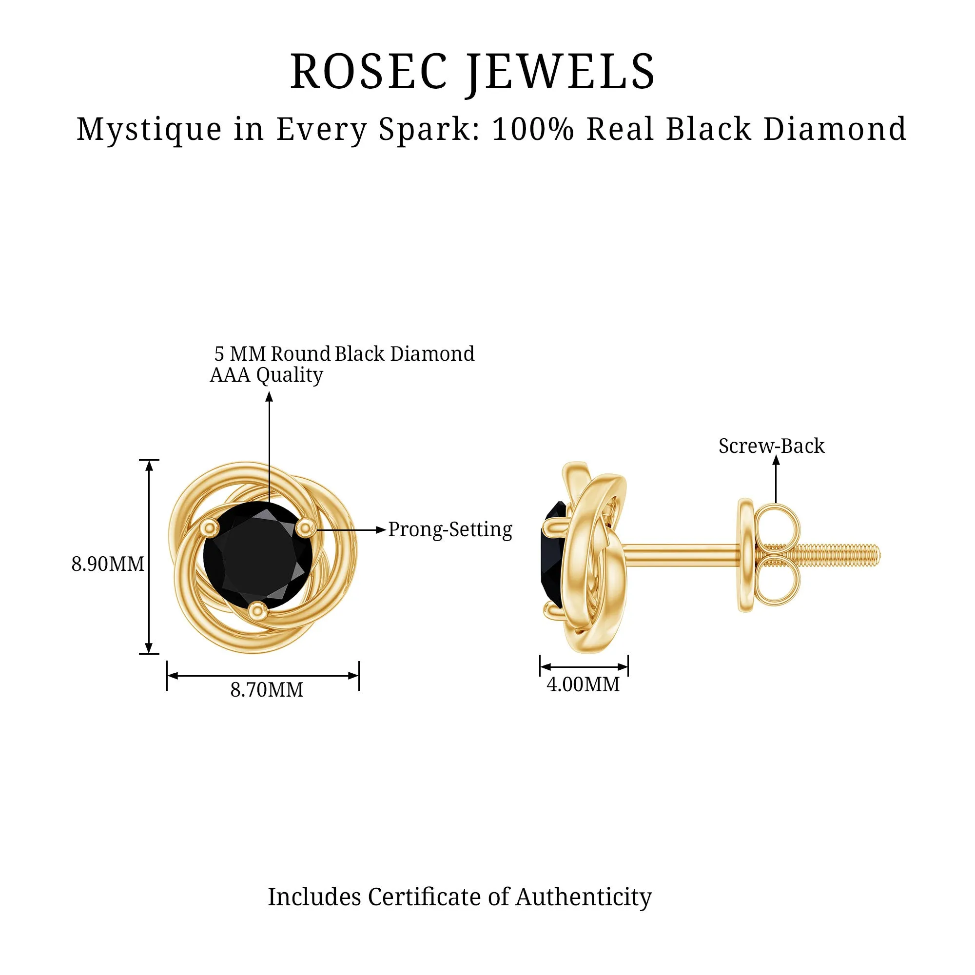 5 MM Black Diamond Solitaire and Gold Swirl Stud Earrings