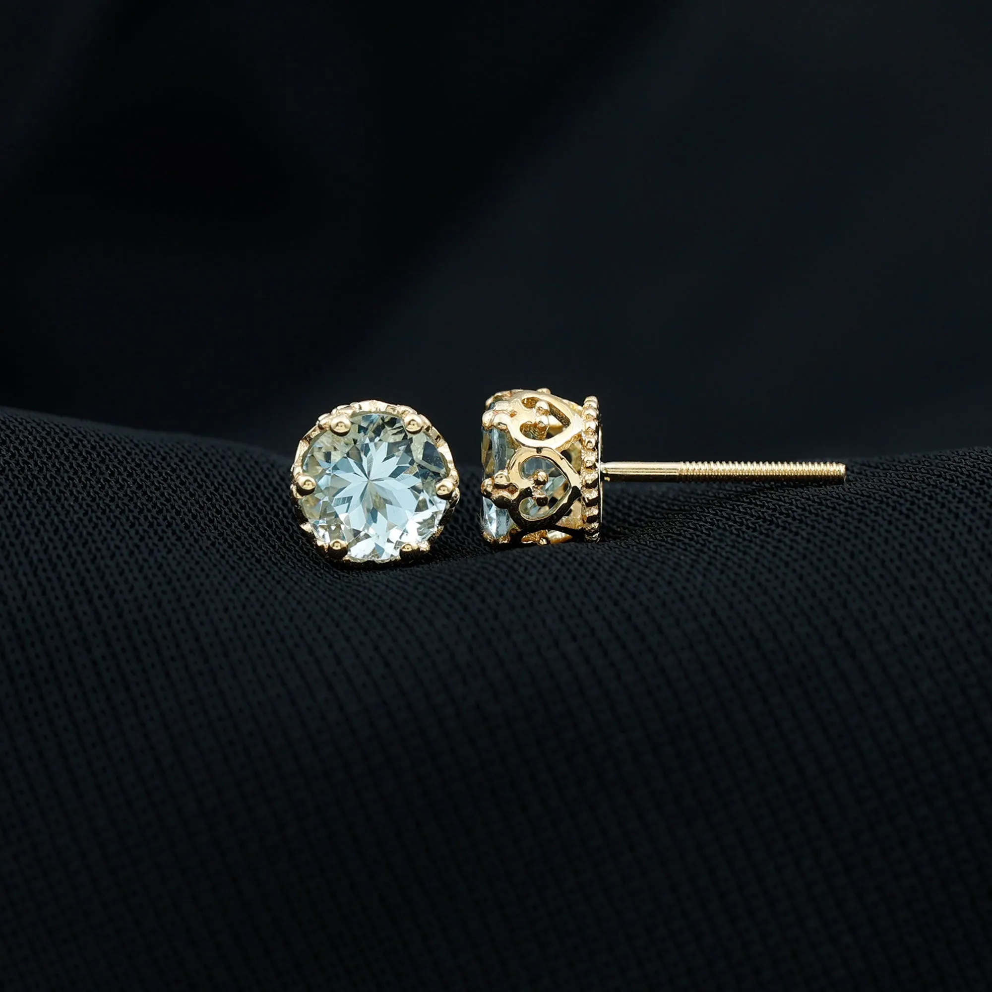 6 MM Aquamarine Solitaire Crown Stud Earrings