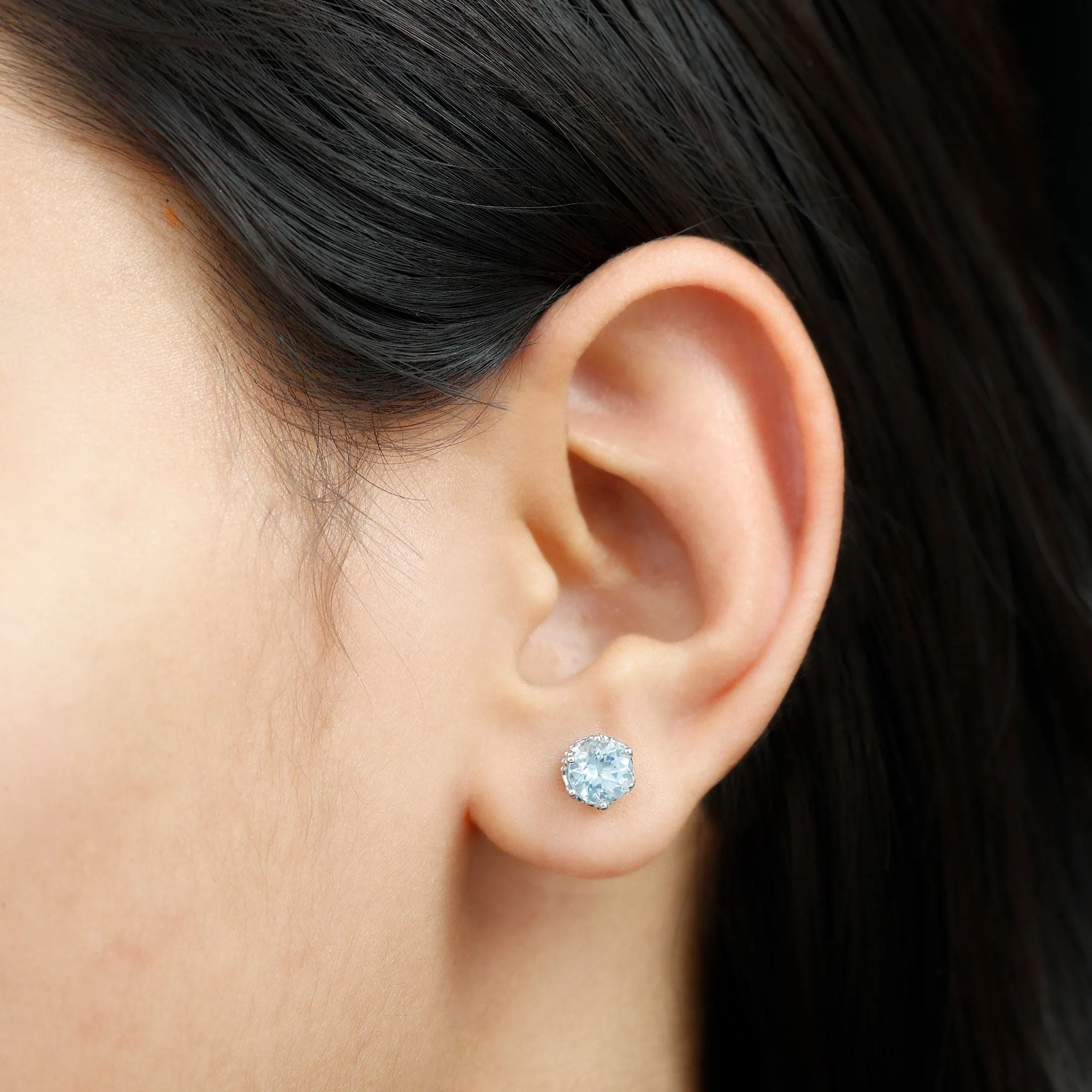 6 MM Aquamarine Solitaire Crown Stud Earrings