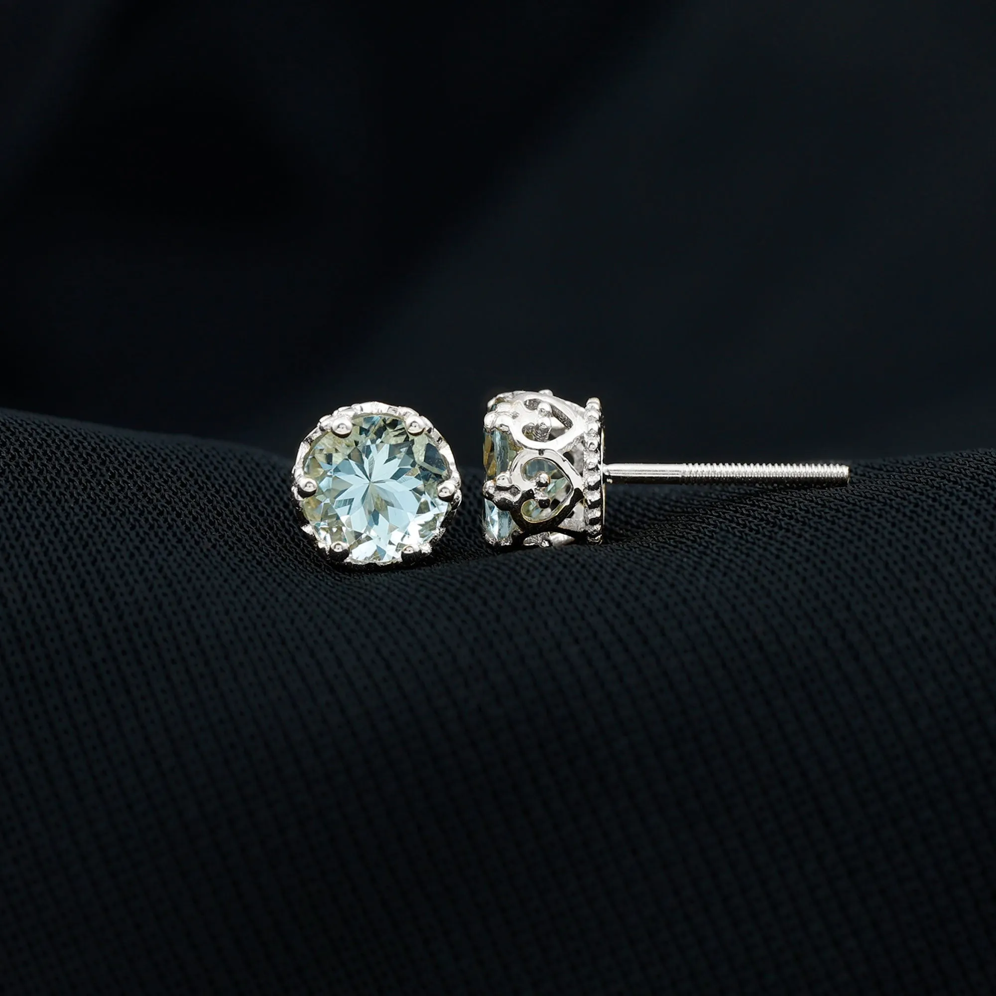 6 MM Aquamarine Solitaire Crown Stud Earrings