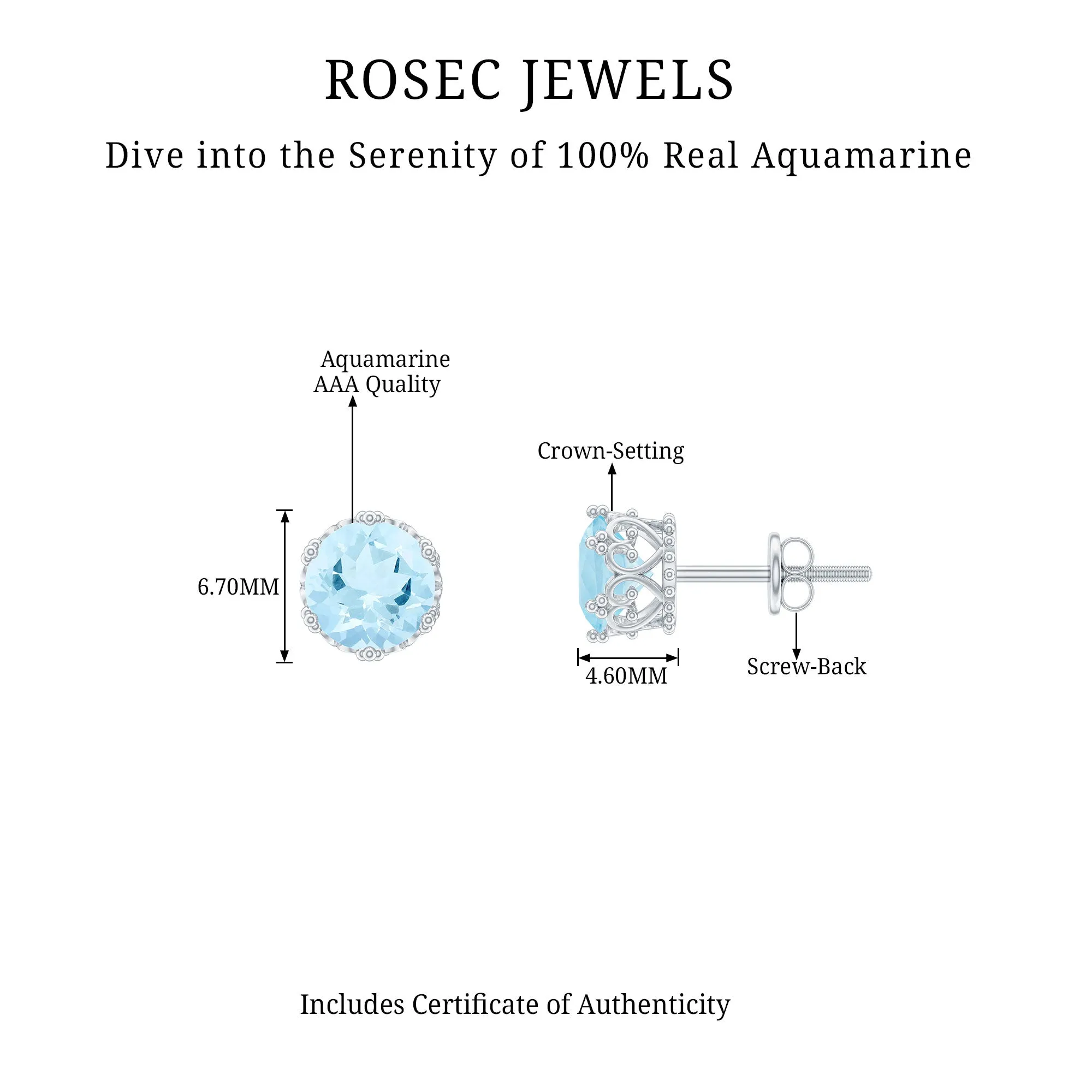 6 MM Aquamarine Solitaire Crown Stud Earrings