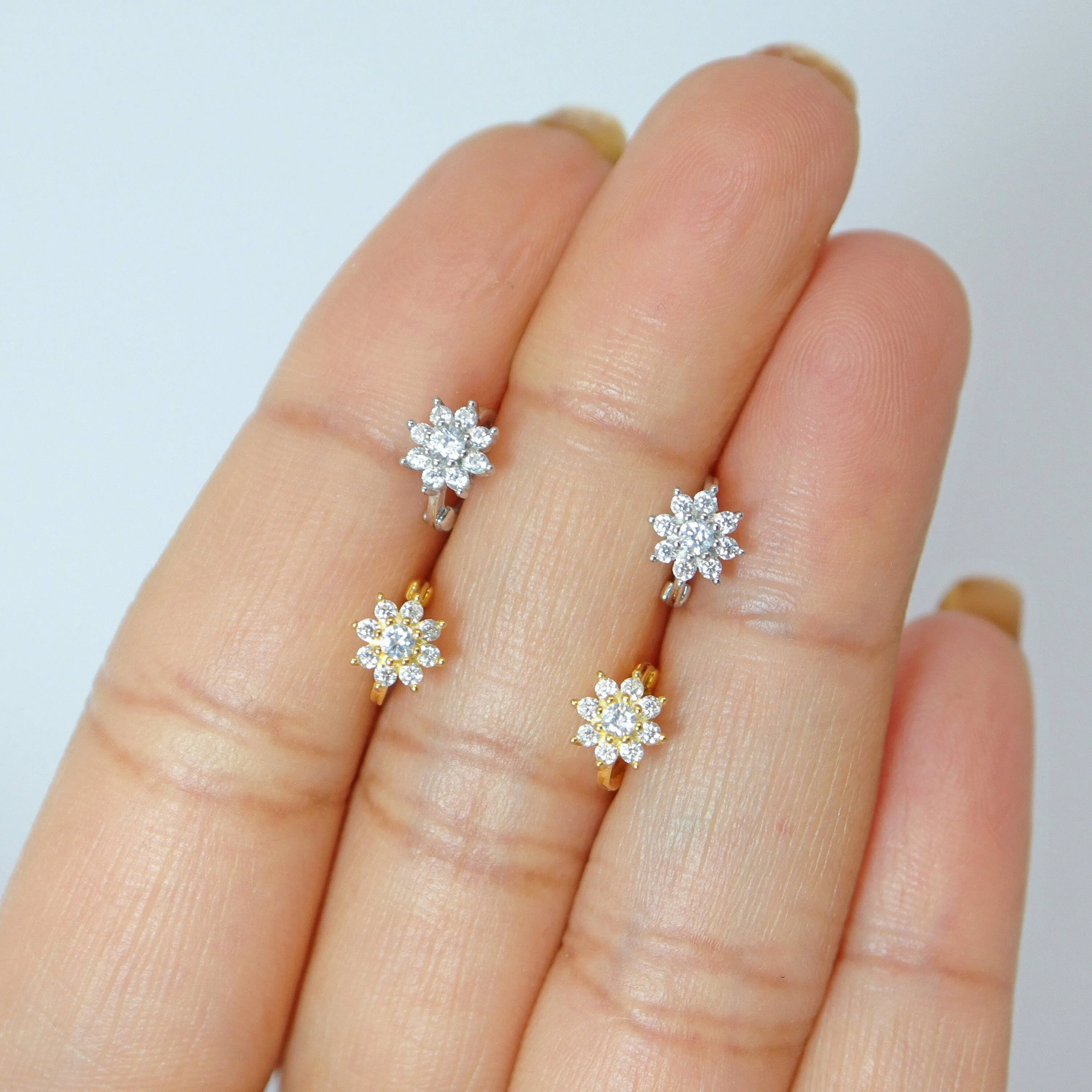 6mm Swarovski Crystal 14k Gold And Sterling Silver Flower Cartilage Hoop Earrings, Statement Earrings, Upper Helix Hoop Earrings.