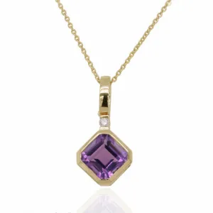 9ct Yellow Gold Diamond & Amethyst Pendant Necklace