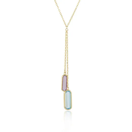9ct Yellow Gold Lozenge Amethyst & Blue Topaz Lauret Pendant Necklace