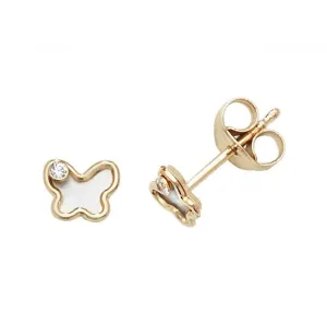 9ct Yellow Gold Zirconia &Mother Of Pearl Butterfly Stud Earrings ES618