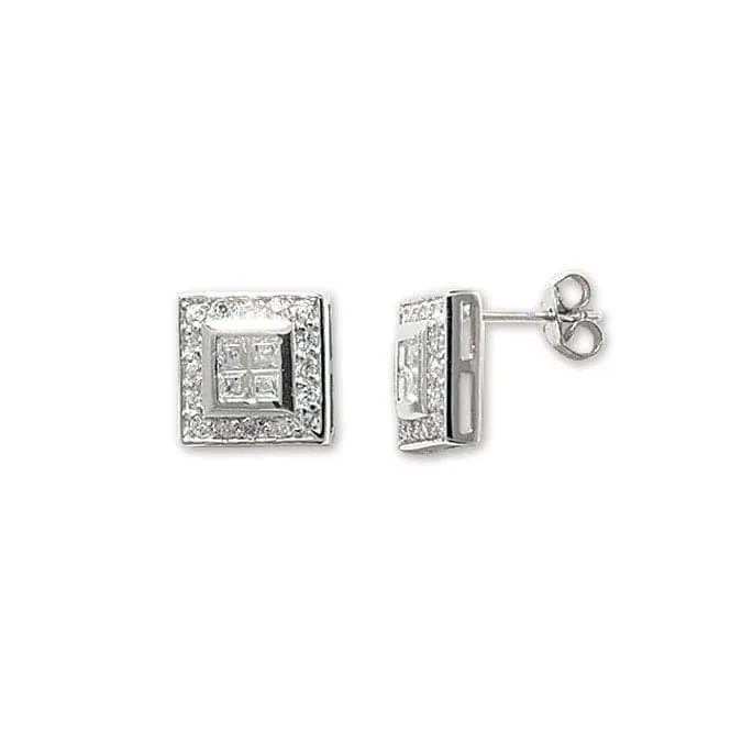 Acotis Silver Stud Earrings Square Zirconia G5012