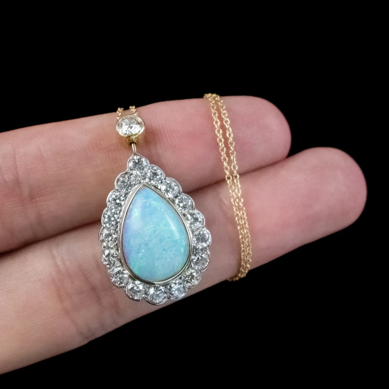 Art Deco Style Opal Diamond Pendant Necklace 18ct Gold 8ct Opal