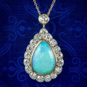 Art Deco Style Opal Diamond Pendant Necklace 18ct Gold 8ct Opal