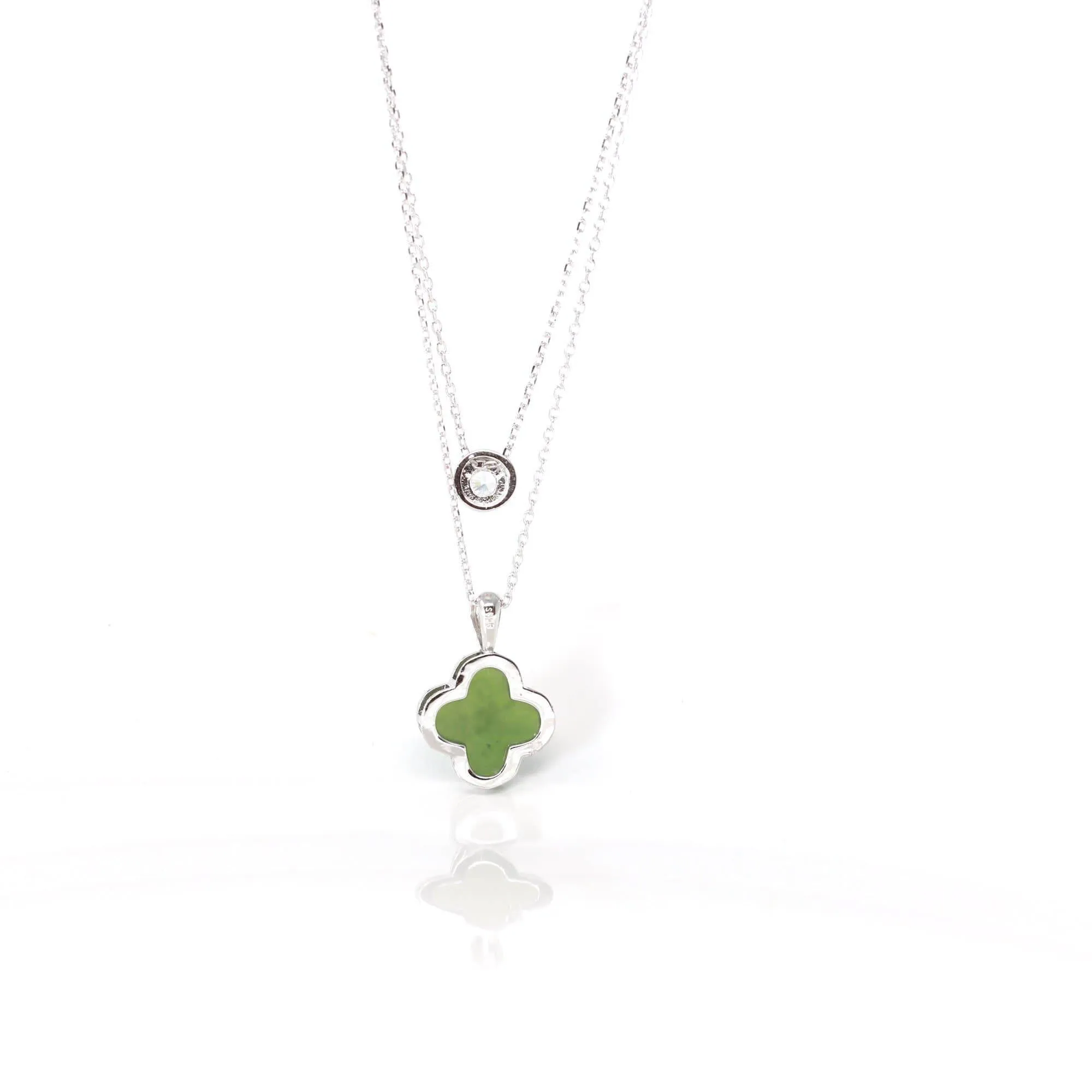 Baikalla Sterling Silver Real Green Nephrite Jade Lucky Four Leaf Clover Earrings