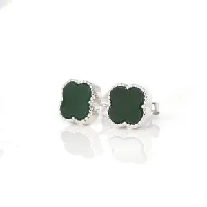Baikalla Sterling Silver Real Green Nephrite Jade Lucky Four Leaf Clover Earrings
