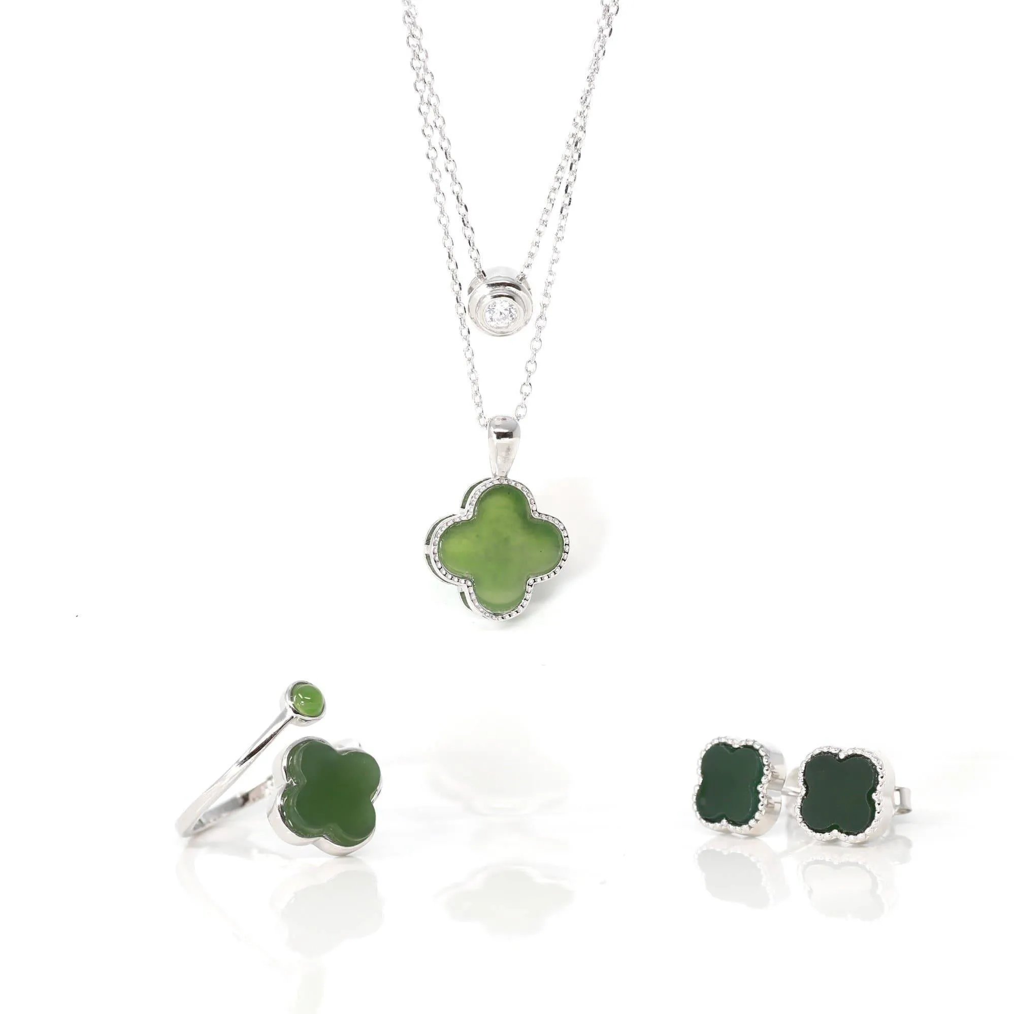 Baikalla Sterling Silver Real Green Nephrite Jade Lucky Four Leaf Clover Earrings