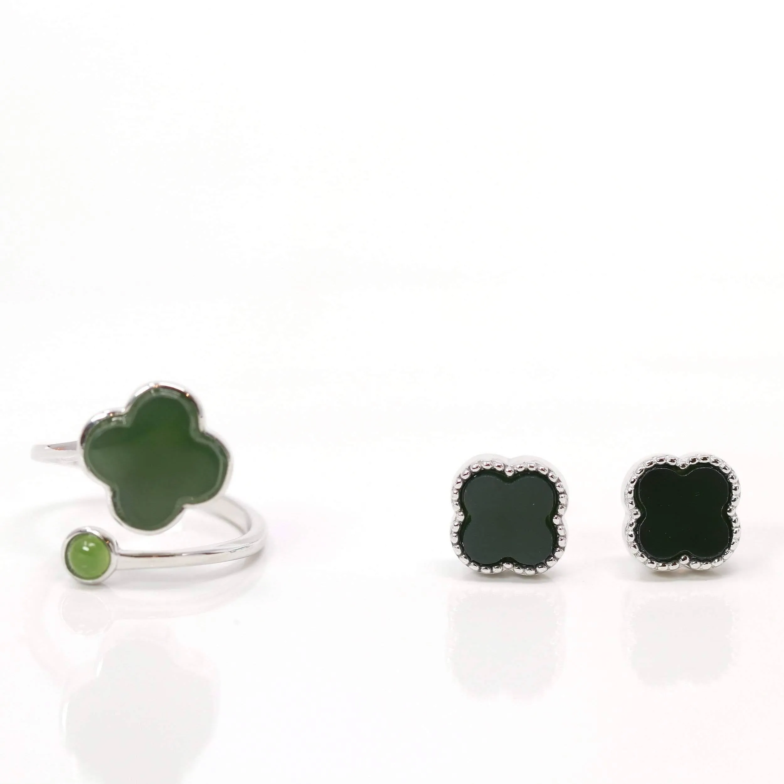Baikalla Sterling Silver Real Green Nephrite Jade Lucky Four Leaf Clover Earrings