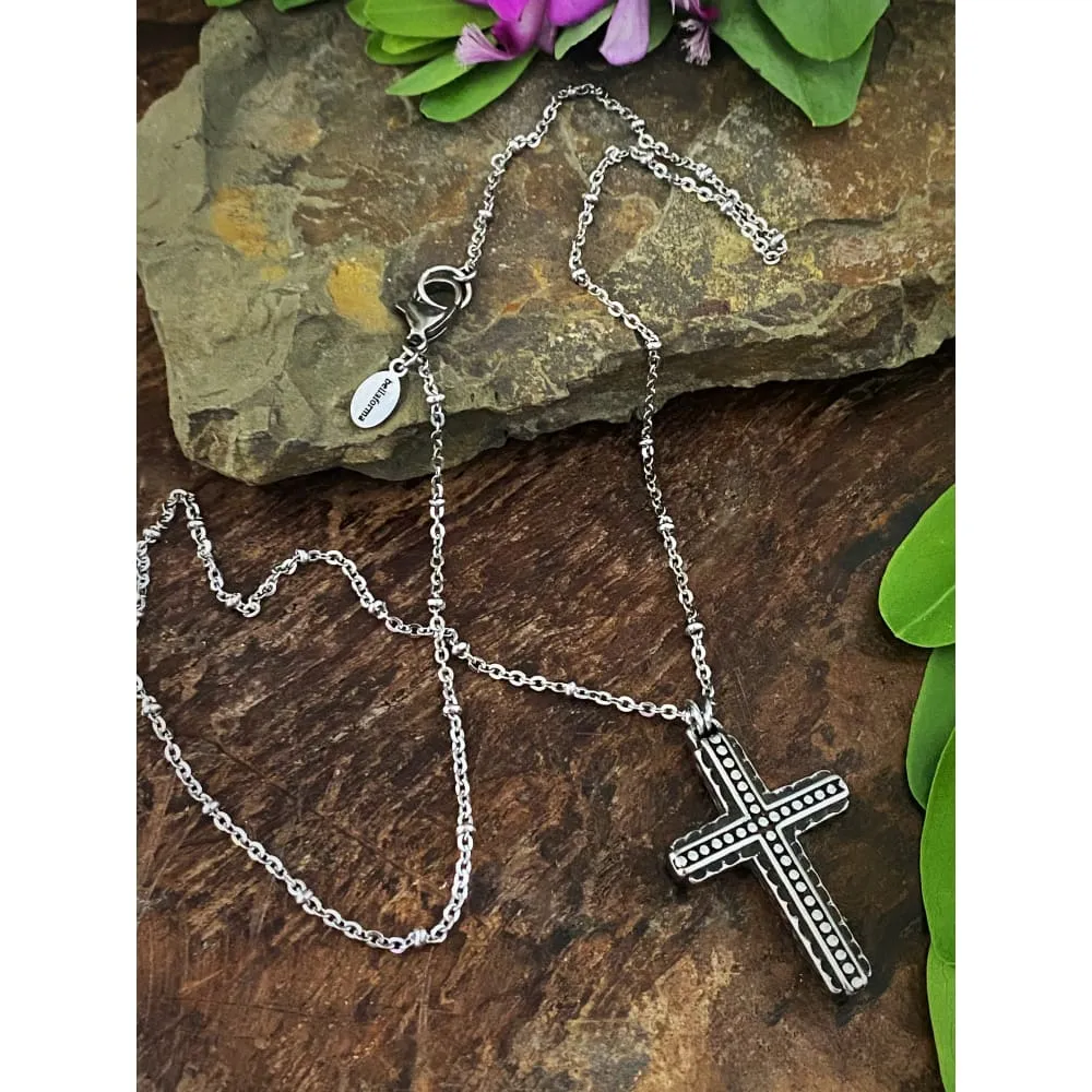 BEADED HAMMERED CROSS NECKLACE