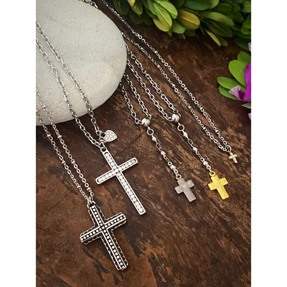BEADED HAMMERED CROSS NECKLACE