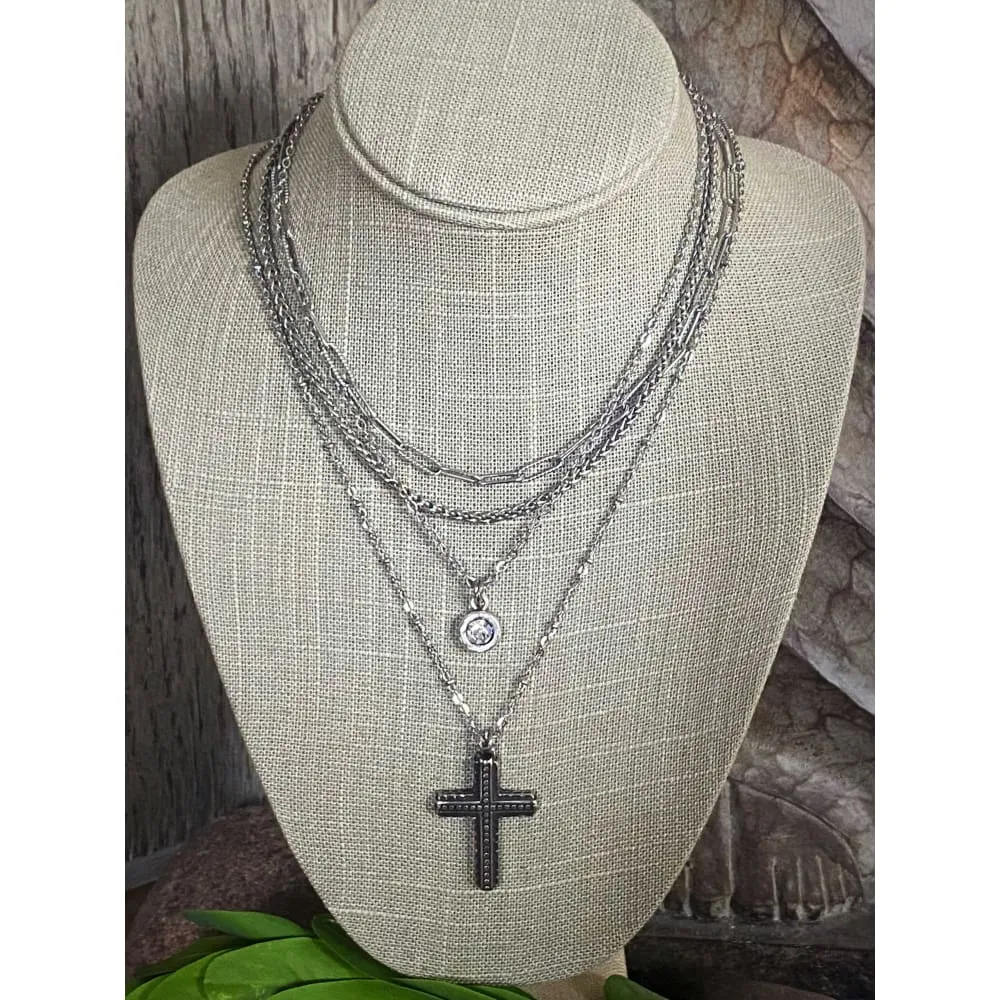 BEADED HAMMERED CROSS NECKLACE