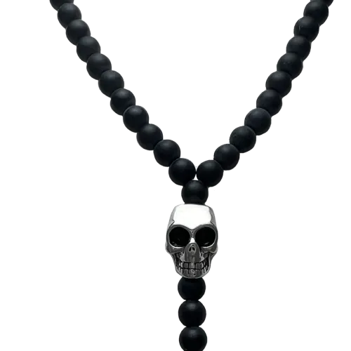 Black Beads Stainless Steel Skulls Necklace
